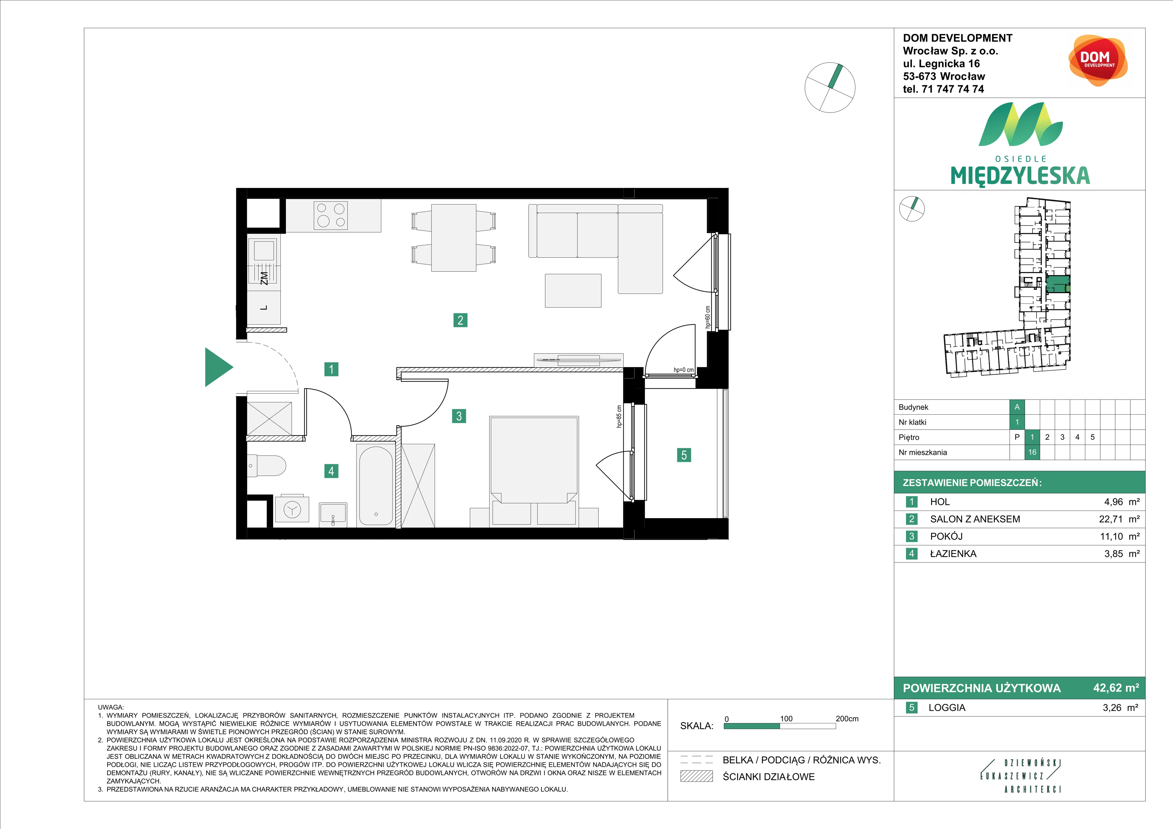 2 pokoje, mieszkanie 42,62 m², piętro 1, oferta nr A/16, Osiedle Międzyleska, Wrocław, Tarnogaj, Krzyki, ul. Międzyleska 6b