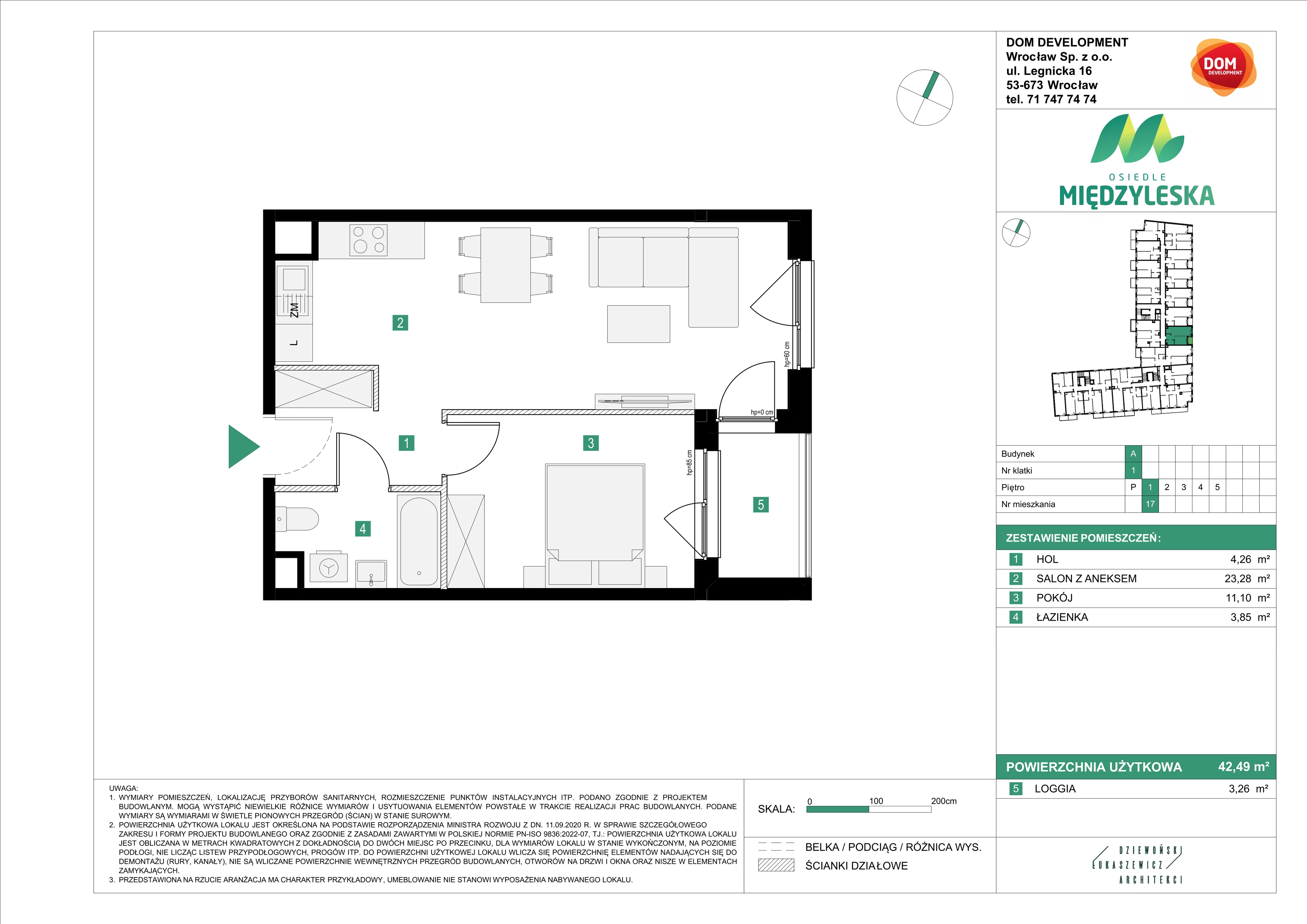 2 pokoje, mieszkanie 42,49 m², piętro 1, oferta nr A/17, Osiedle Międzyleska, Wrocław, Tarnogaj, Krzyki, ul. Międzyleska 6b