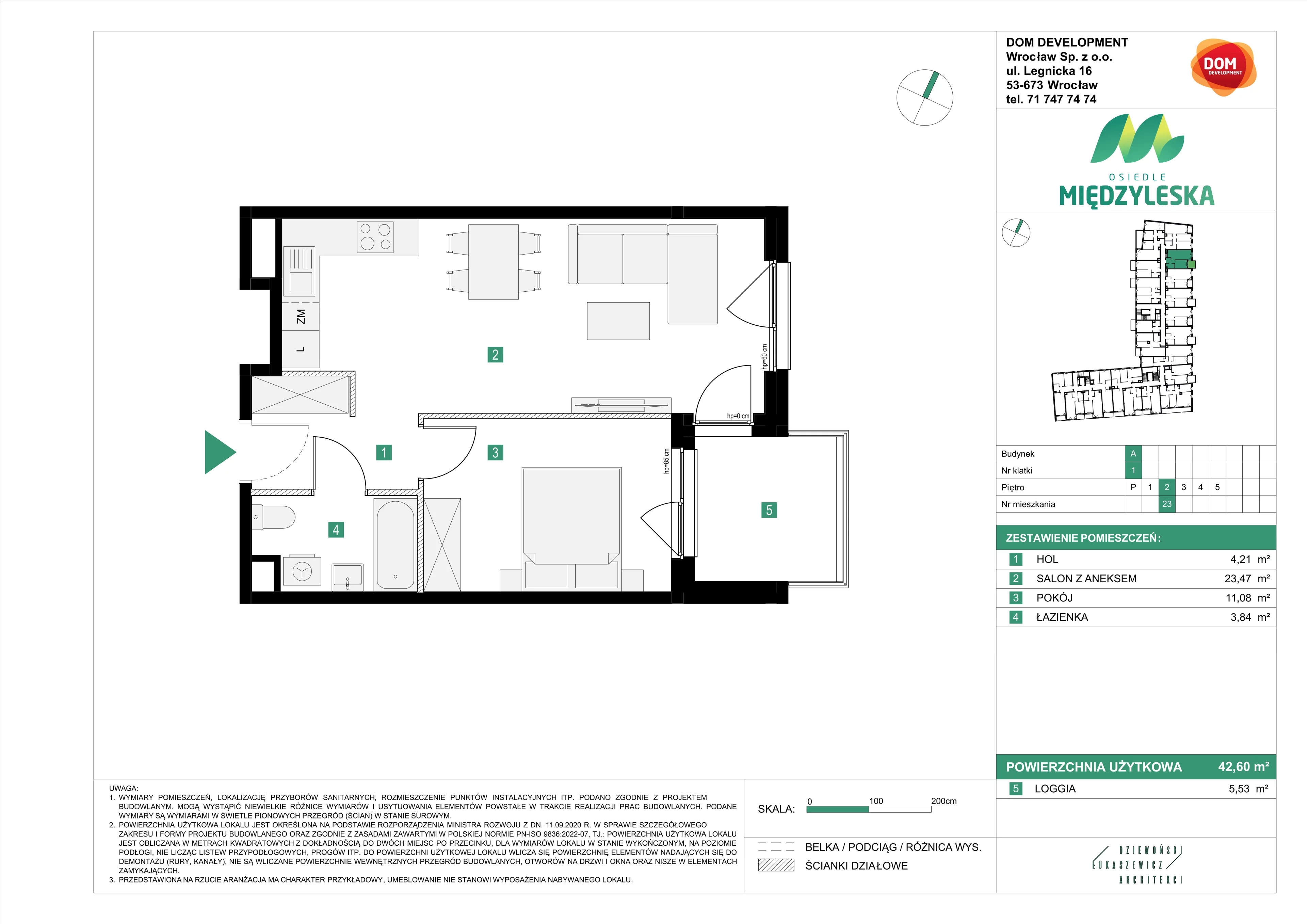 2 pokoje, mieszkanie 42,60 m², piętro 2, oferta nr A/23, Osiedle Międzyleska, Wrocław, Tarnogaj, Krzyki, ul. Międzyleska 6b