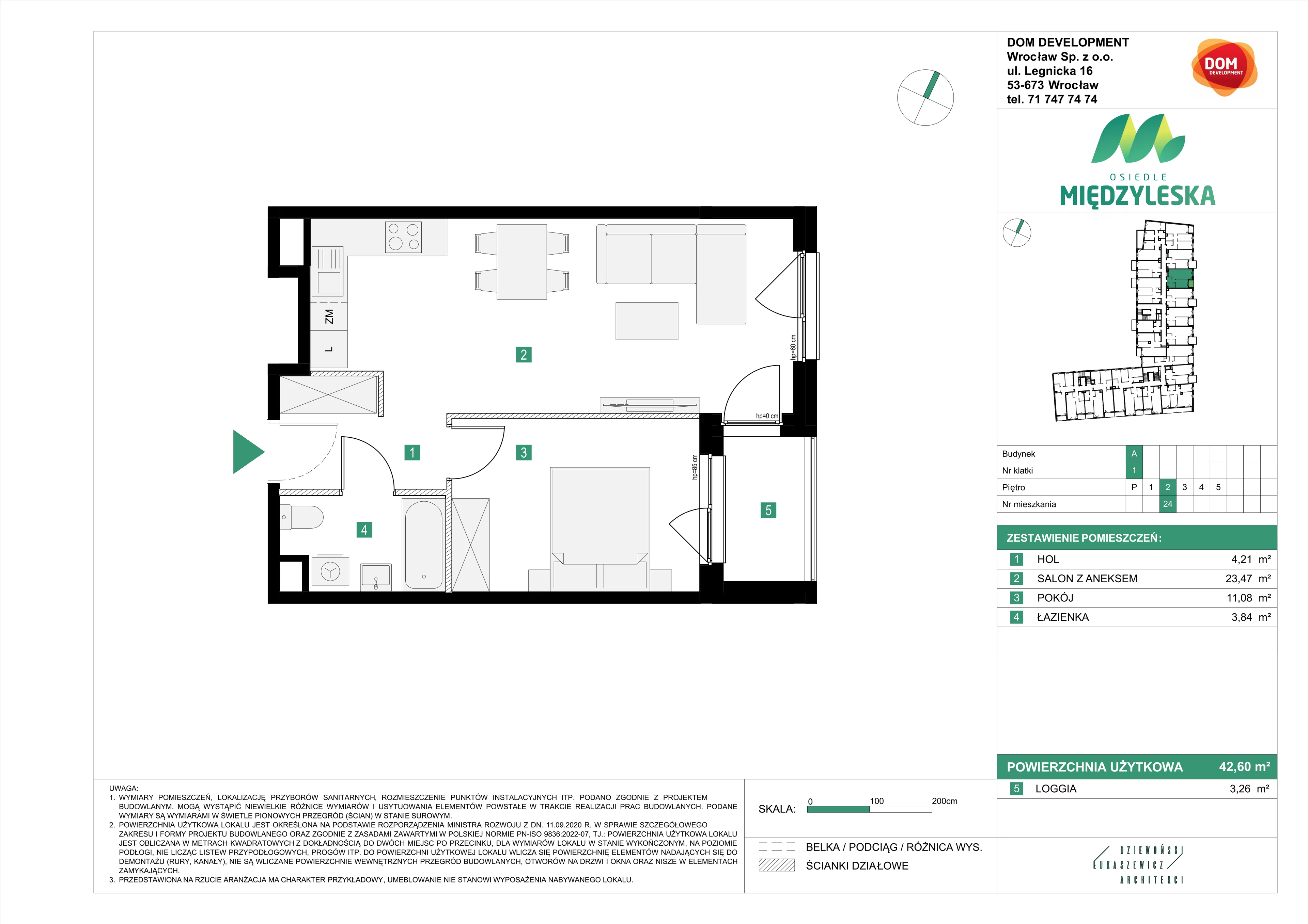 2 pokoje, mieszkanie 42,60 m², piętro 2, oferta nr A/24, Osiedle Międzyleska, Wrocław, Tarnogaj, Krzyki, ul. Międzyleska 6b
