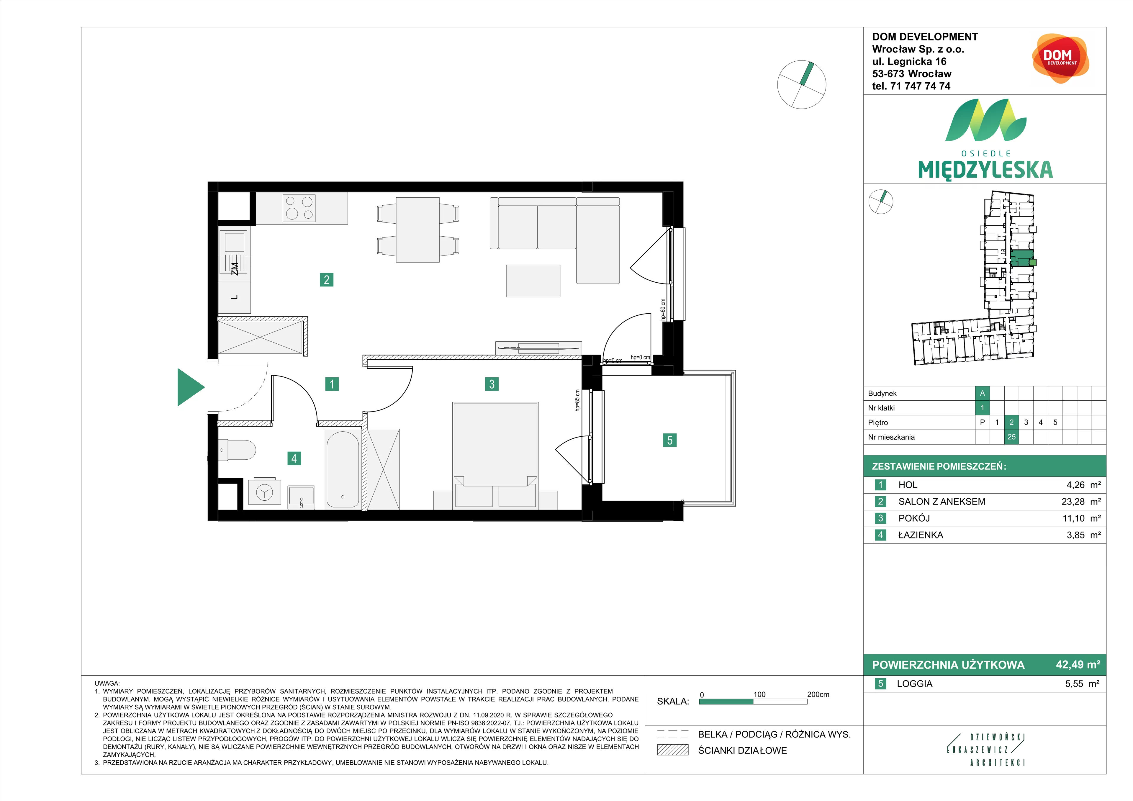 2 pokoje, mieszkanie 42,49 m², piętro 2, oferta nr A/25, Osiedle Międzyleska, Wrocław, Tarnogaj, Krzyki, ul. Międzyleska 6b