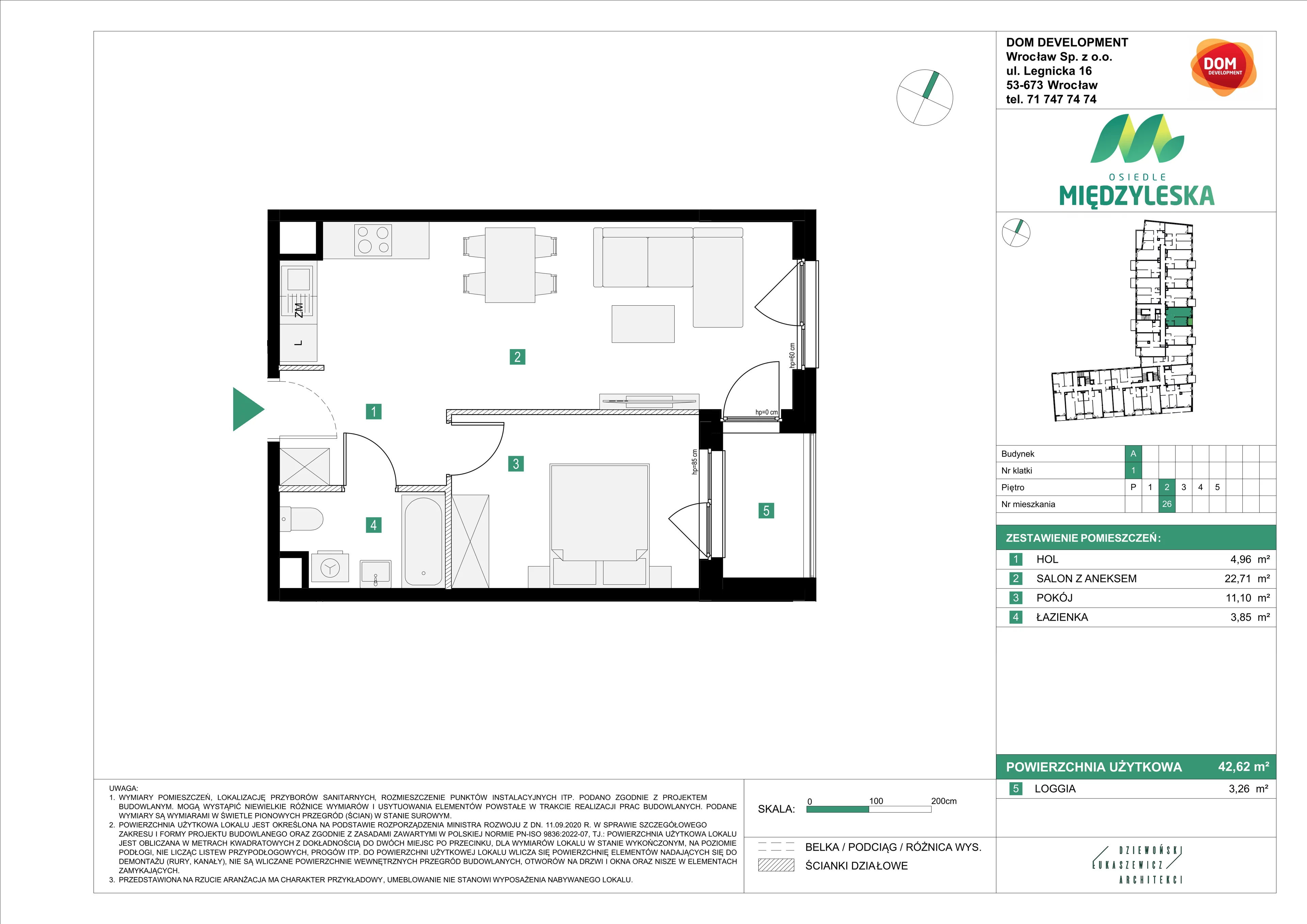 2 pokoje, mieszkanie 42,62 m², piętro 2, oferta nr A/26, Osiedle Międzyleska, Wrocław, Tarnogaj, Krzyki, ul. Międzyleska 6b