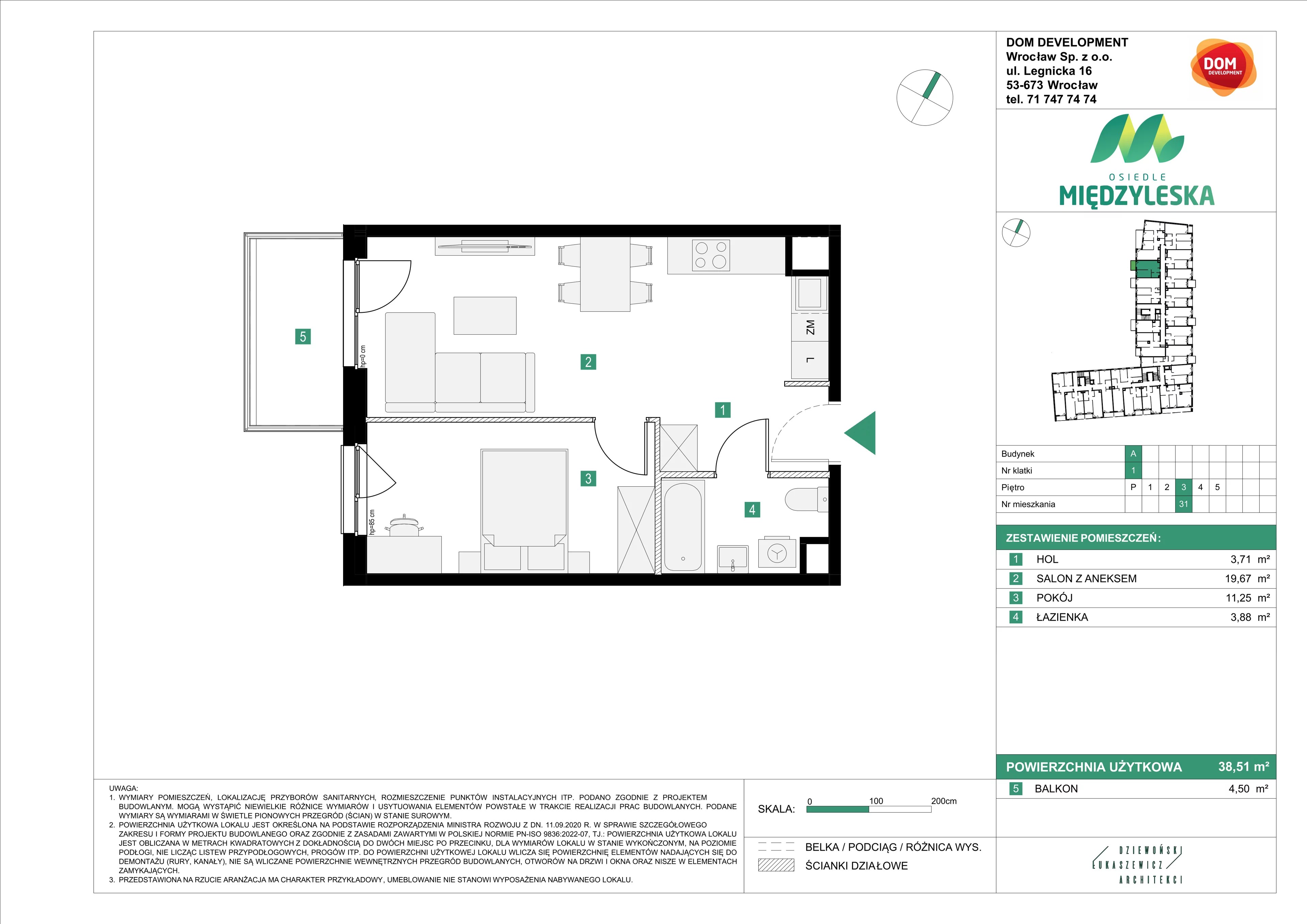 2 pokoje, mieszkanie 38,51 m², piętro 3, oferta nr A/31, Osiedle Międzyleska, Wrocław, Tarnogaj, Krzyki, ul. Międzyleska 6b
