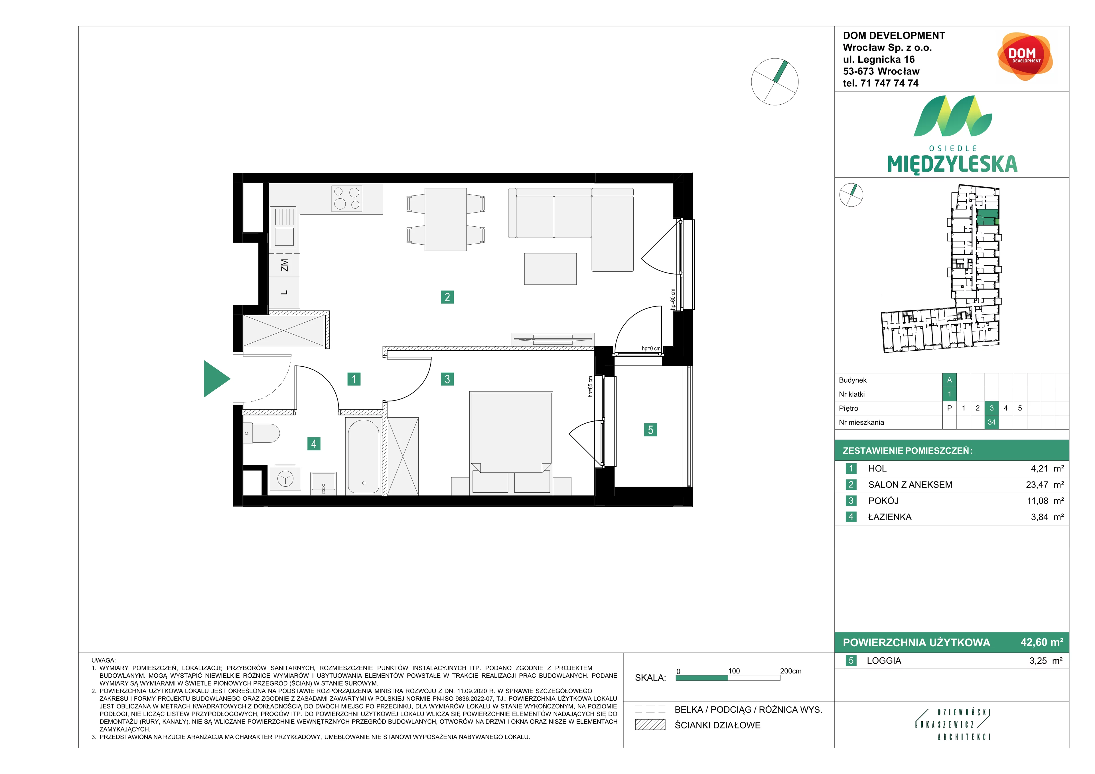 2 pokoje, mieszkanie 42,60 m², piętro 3, oferta nr A/34, Osiedle Międzyleska, Wrocław, Tarnogaj, Krzyki, ul. Międzyleska 6b