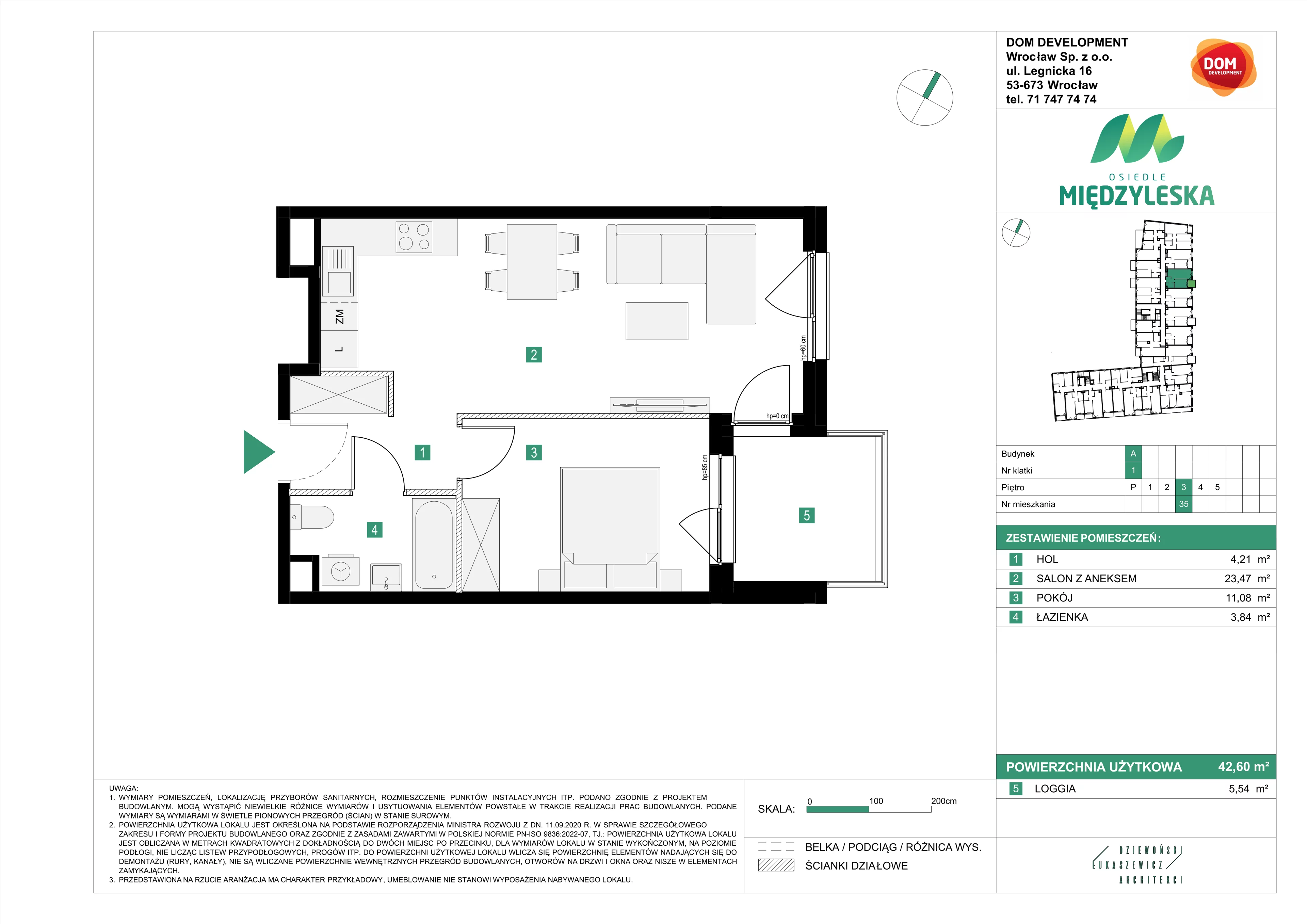 2 pokoje, mieszkanie 42,60 m², piętro 3, oferta nr A/35, Osiedle Międzyleska, Wrocław, Tarnogaj, Krzyki, ul. Międzyleska 6b