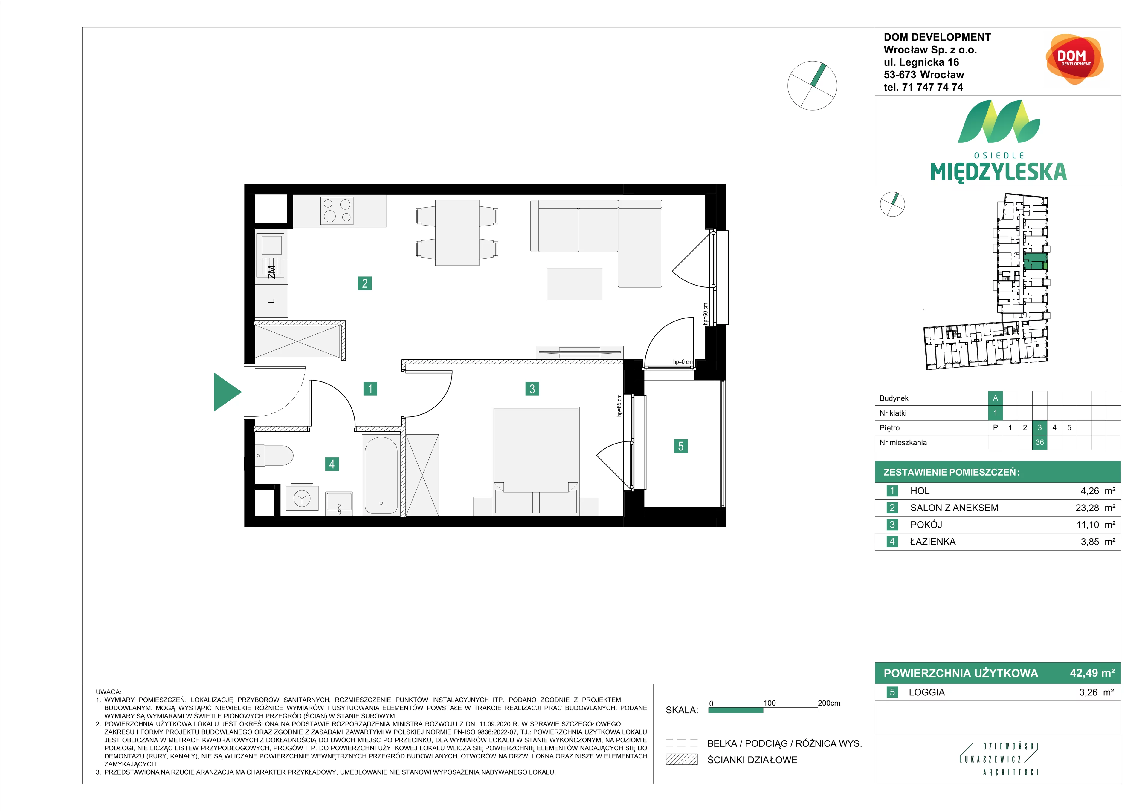 2 pokoje, mieszkanie 42,49 m², piętro 3, oferta nr A/36, Osiedle Międzyleska, Wrocław, Tarnogaj, Krzyki, ul. Międzyleska 6b