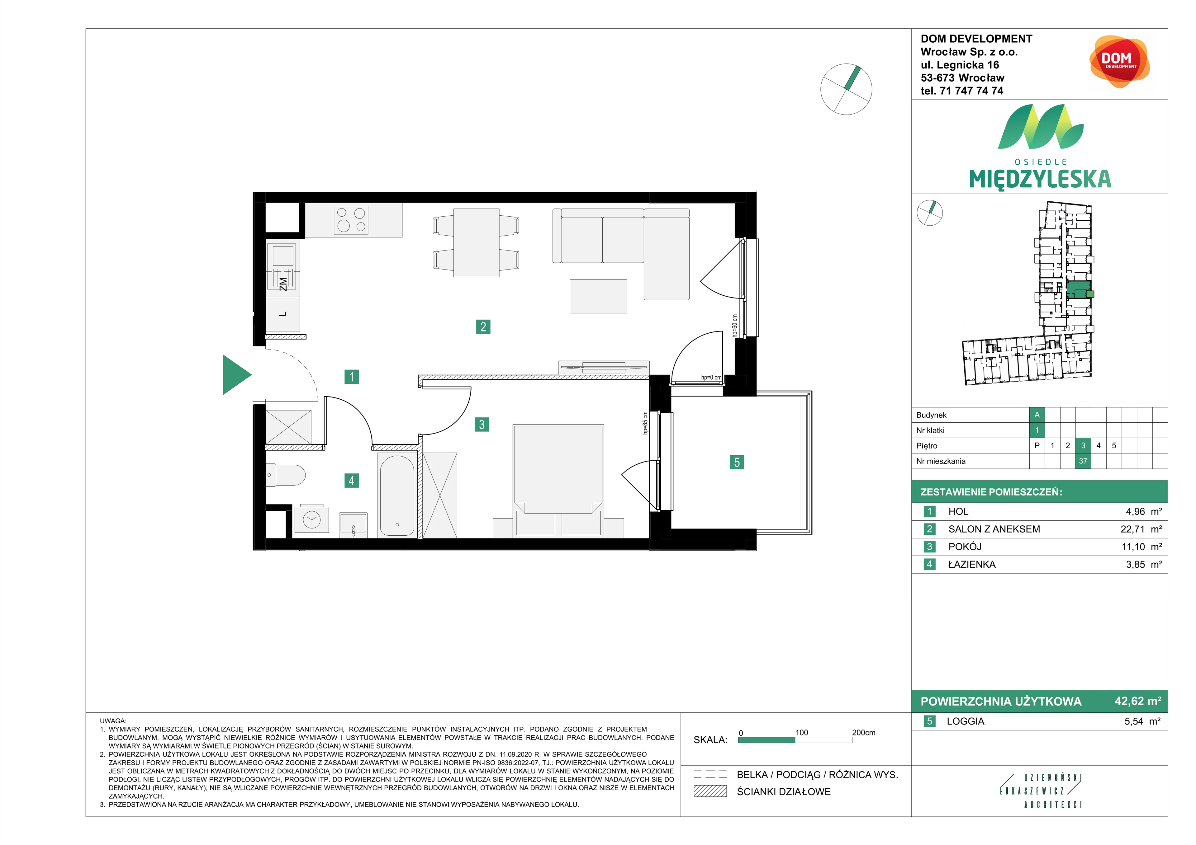 2 pokoje, mieszkanie 42,62 m², piętro 3, oferta nr A/37, Osiedle Międzyleska, Wrocław, Tarnogaj, Krzyki, ul. Międzyleska 6b