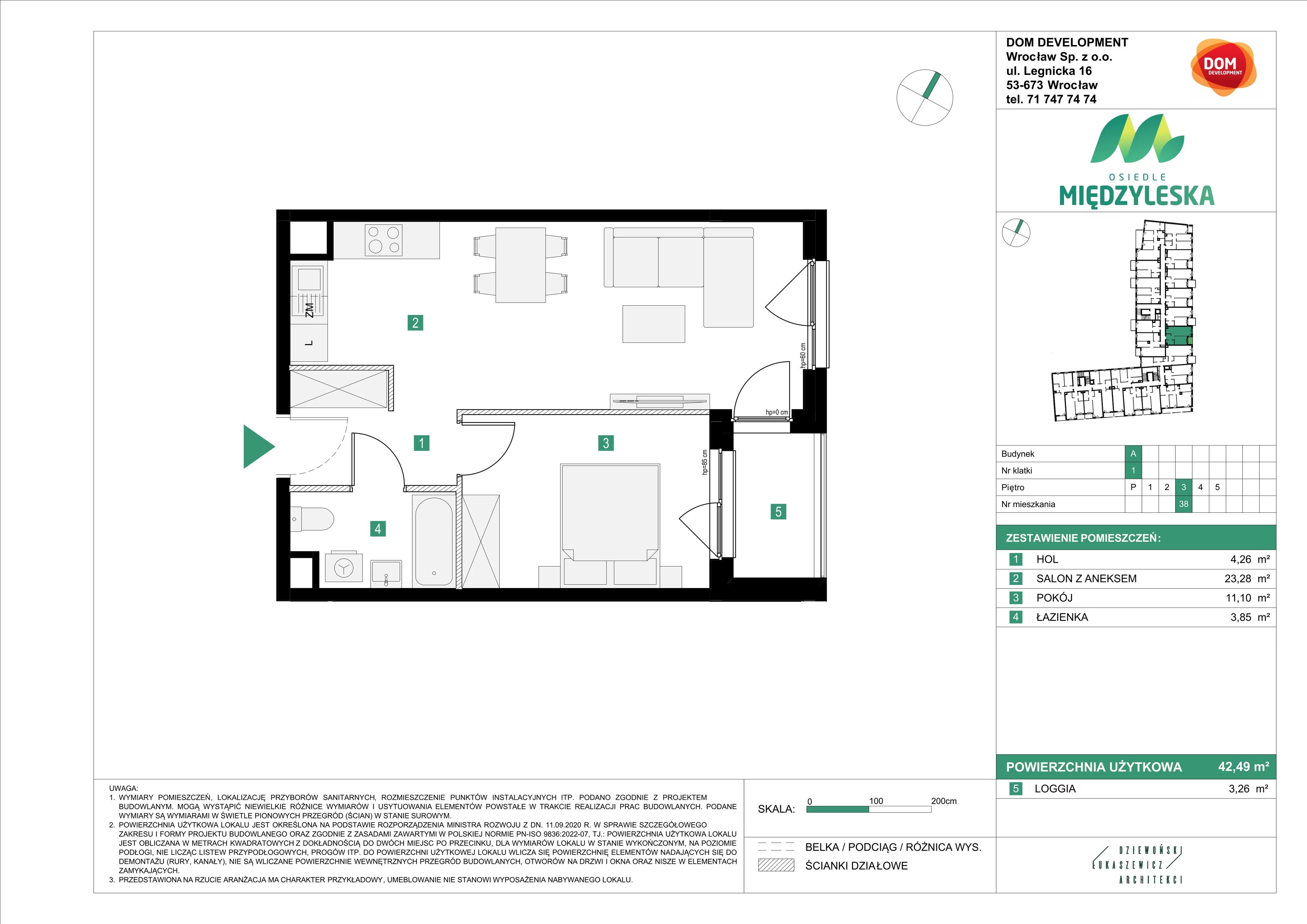 2 pokoje, mieszkanie 42,49 m², piętro 3, oferta nr A/38, Osiedle Międzyleska, Wrocław, Tarnogaj, Krzyki, ul. Międzyleska 6b