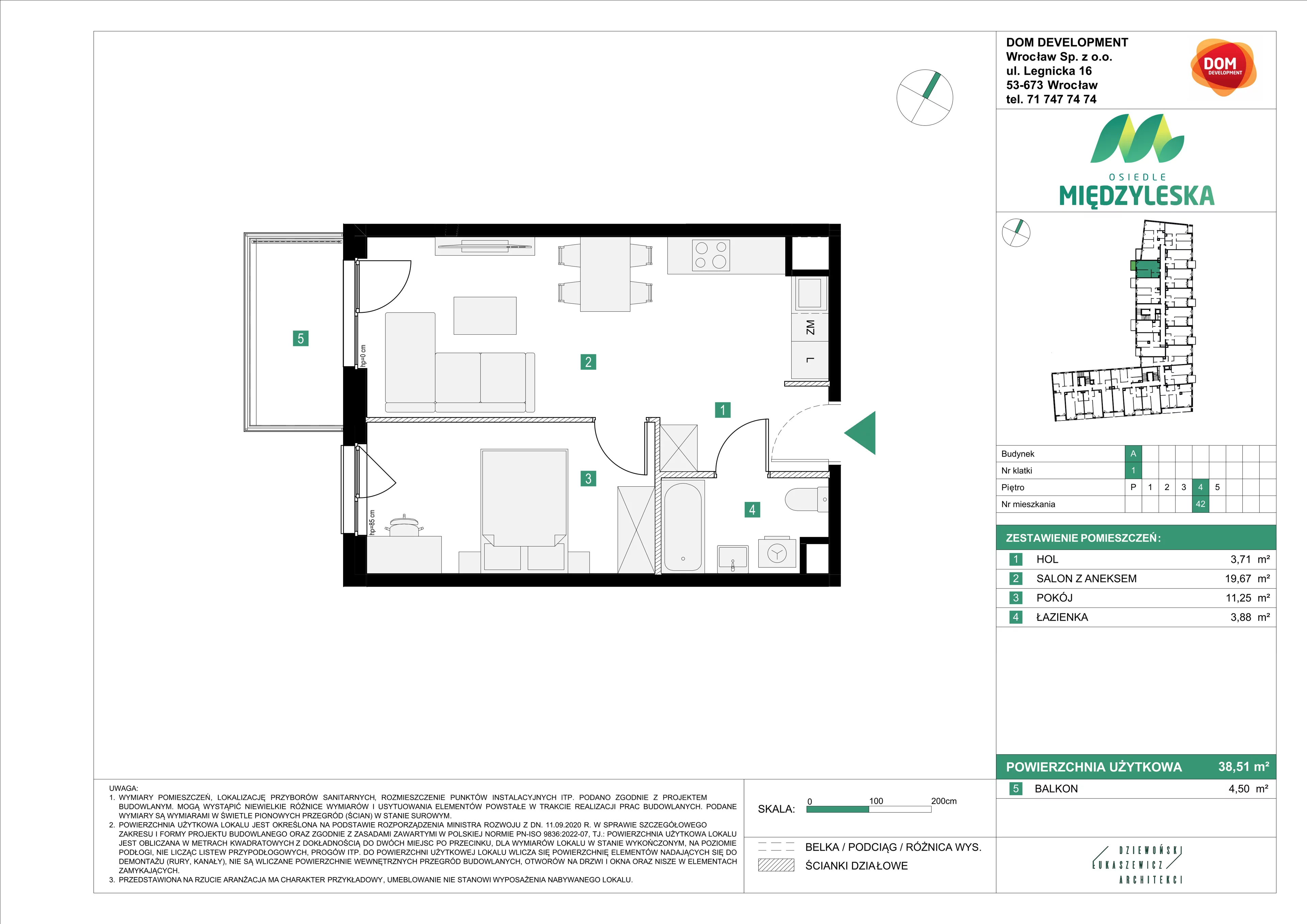 2 pokoje, mieszkanie 38,51 m², piętro 4, oferta nr A/42, Osiedle Międzyleska, Wrocław, Tarnogaj, Krzyki, ul. Międzyleska 6b