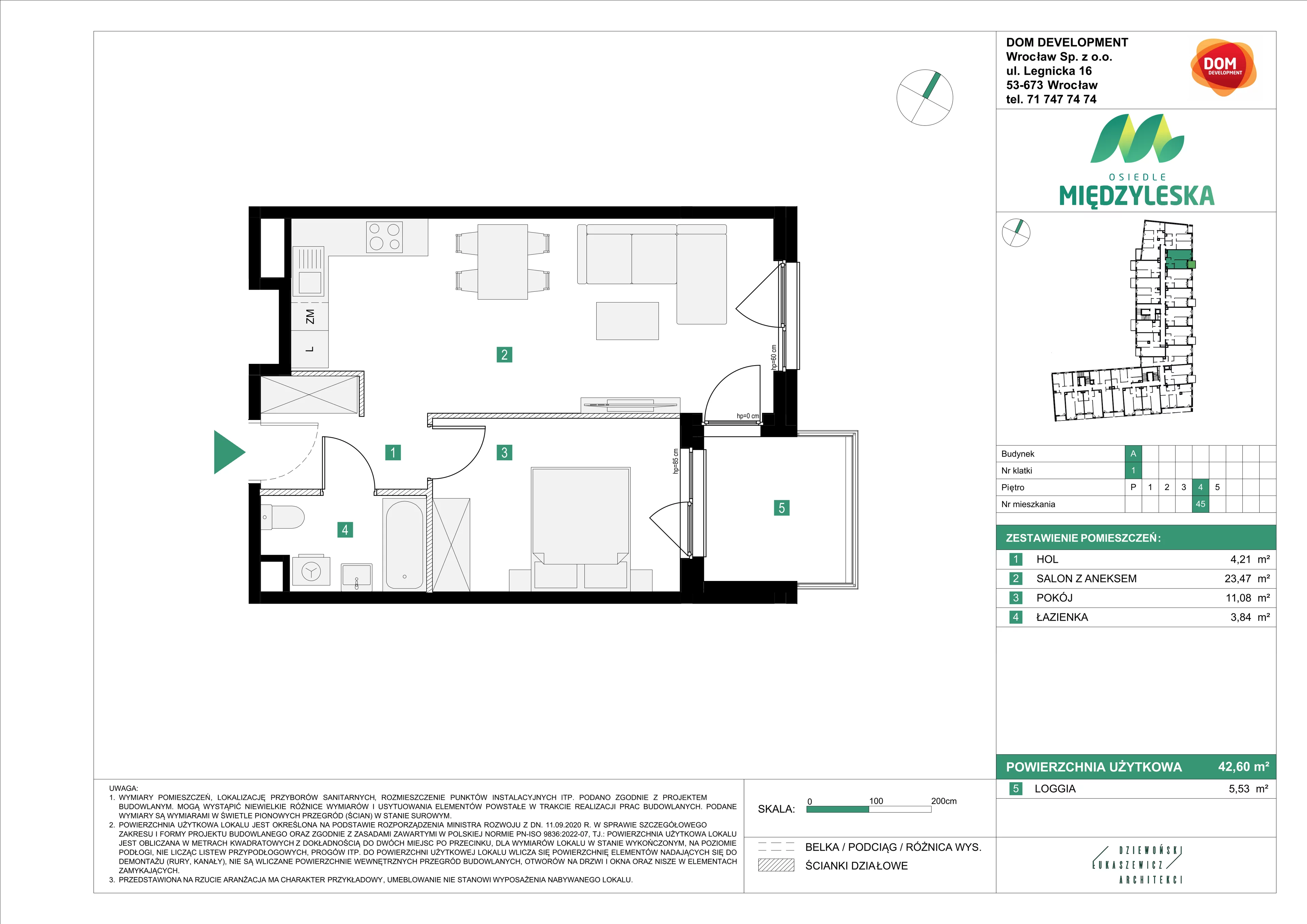 2 pokoje, mieszkanie 42,60 m², piętro 4, oferta nr A/45, Osiedle Międzyleska, Wrocław, Tarnogaj, Krzyki, ul. Międzyleska 6b