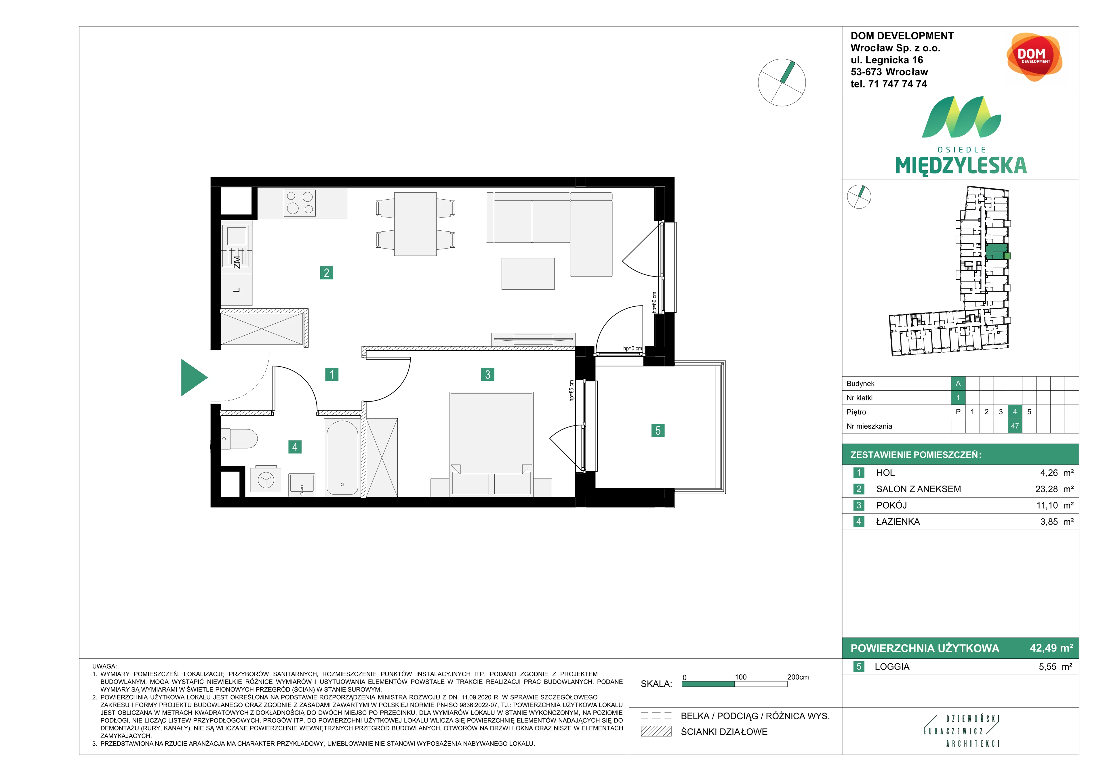 2 pokoje, mieszkanie 42,49 m², piętro 4, oferta nr A/47, Osiedle Międzyleska, Wrocław, Tarnogaj, Krzyki, ul. Międzyleska 6b