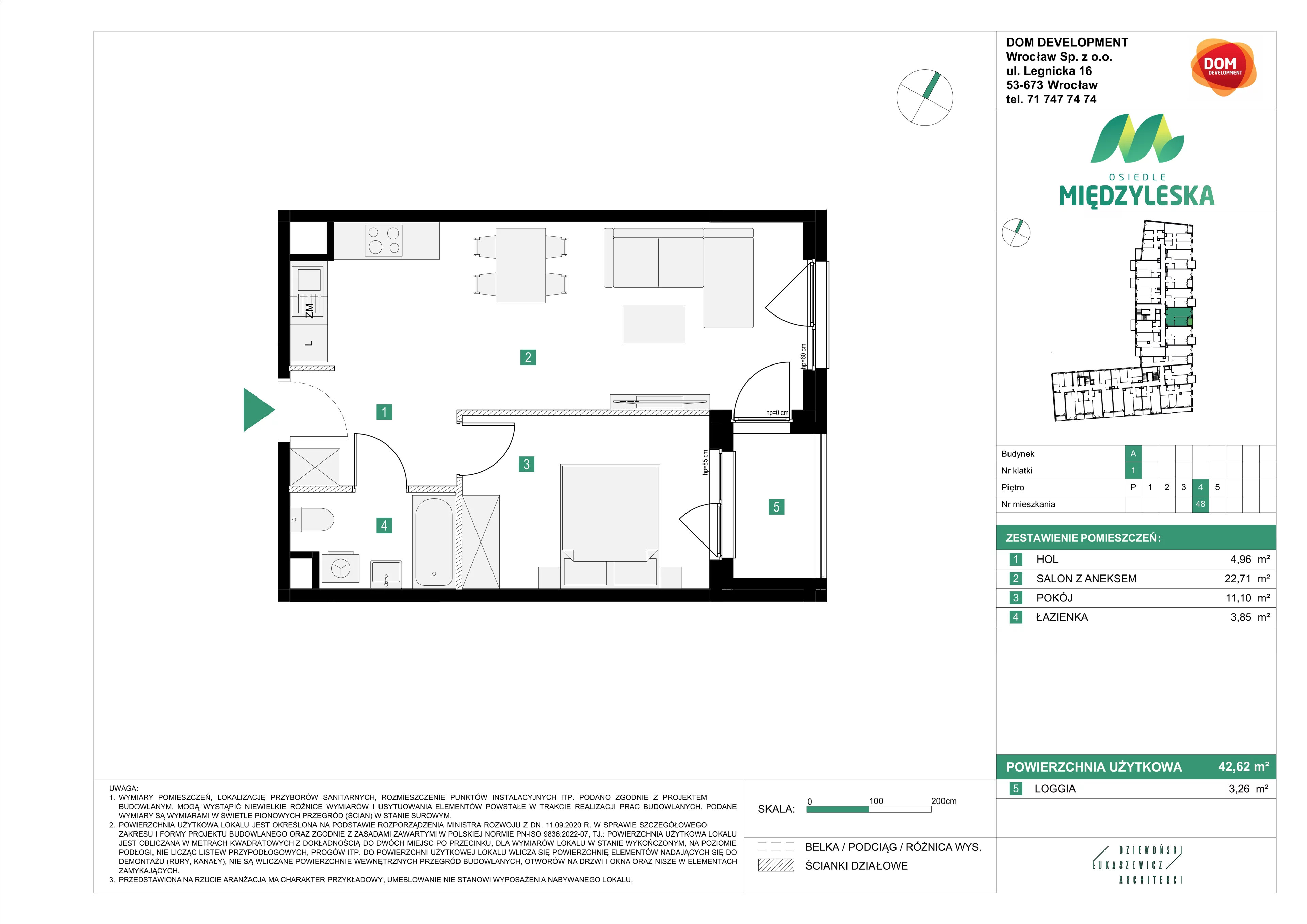 2 pokoje, mieszkanie 42,62 m², piętro 4, oferta nr A/48, Osiedle Międzyleska, Wrocław, Tarnogaj, Krzyki, ul. Międzyleska 6b