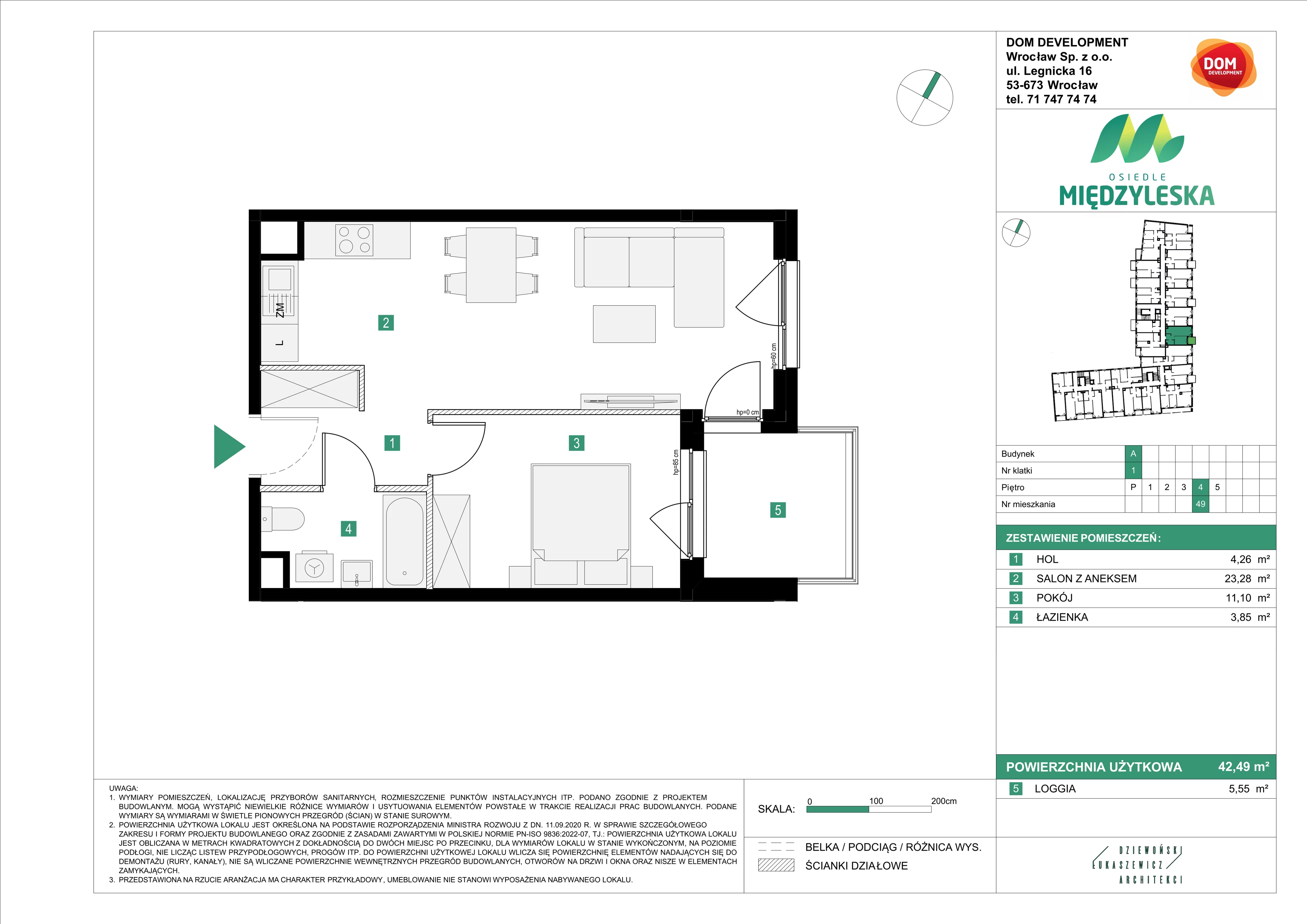 2 pokoje, mieszkanie 42,49 m², piętro 4, oferta nr A/49, Osiedle Międzyleska, Wrocław, Tarnogaj, Krzyki, ul. Międzyleska 6b