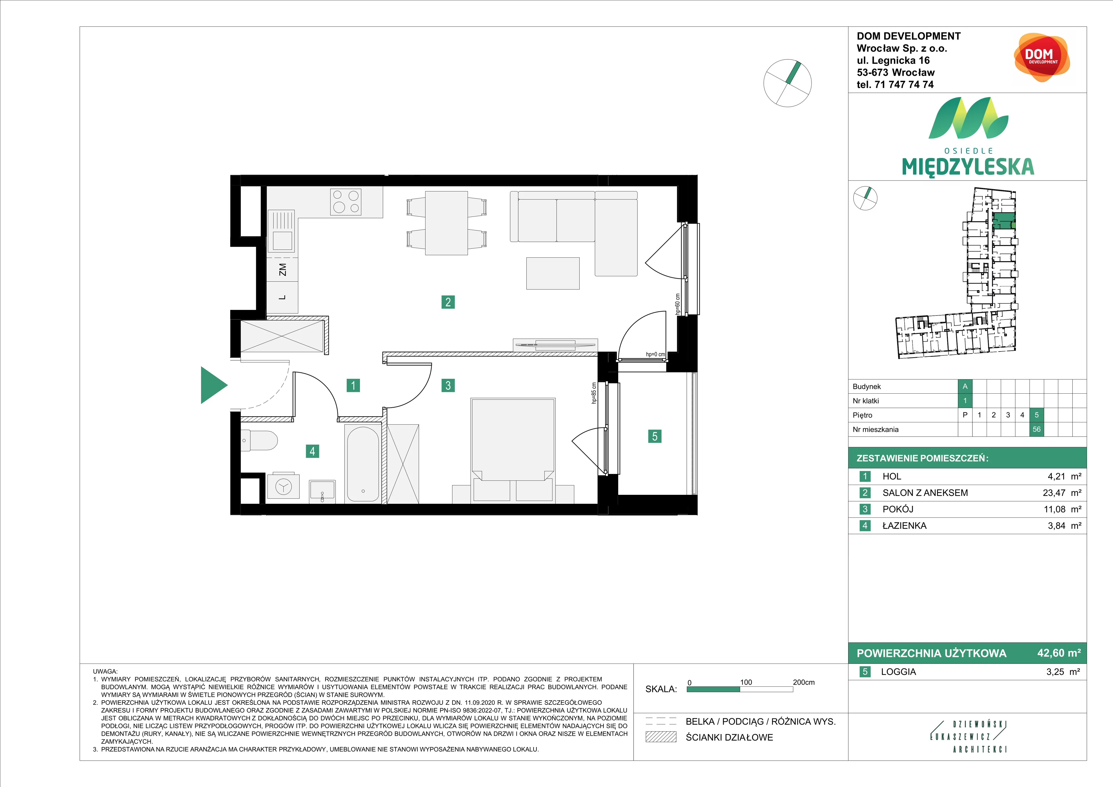 2 pokoje, mieszkanie 42,60 m², piętro 5, oferta nr A/56, Osiedle Międzyleska, Wrocław, Tarnogaj, Krzyki, ul. Międzyleska 6b