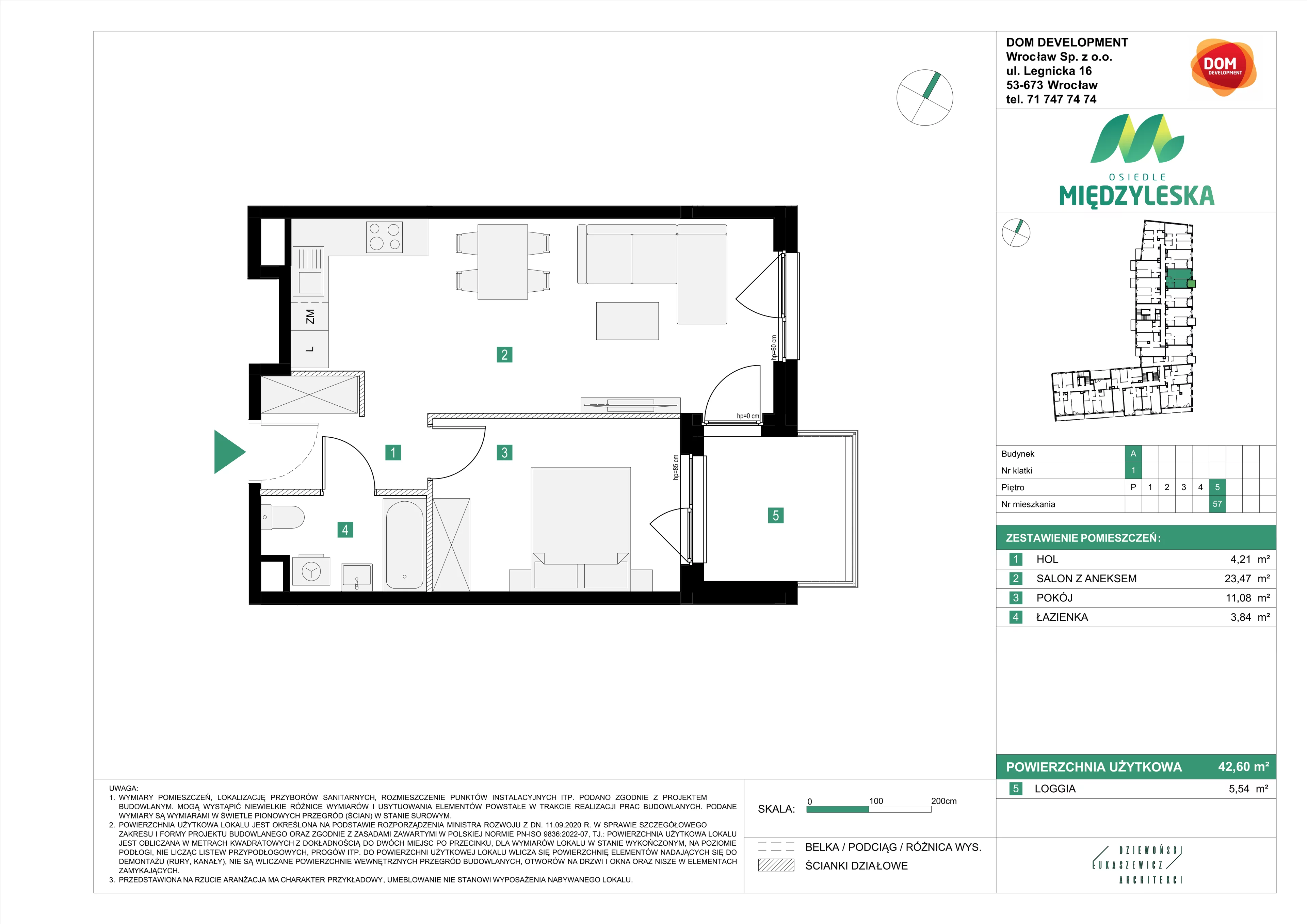 2 pokoje, mieszkanie 42,60 m², piętro 5, oferta nr A/57, Osiedle Międzyleska, Wrocław, Tarnogaj, Krzyki, ul. Międzyleska 6b
