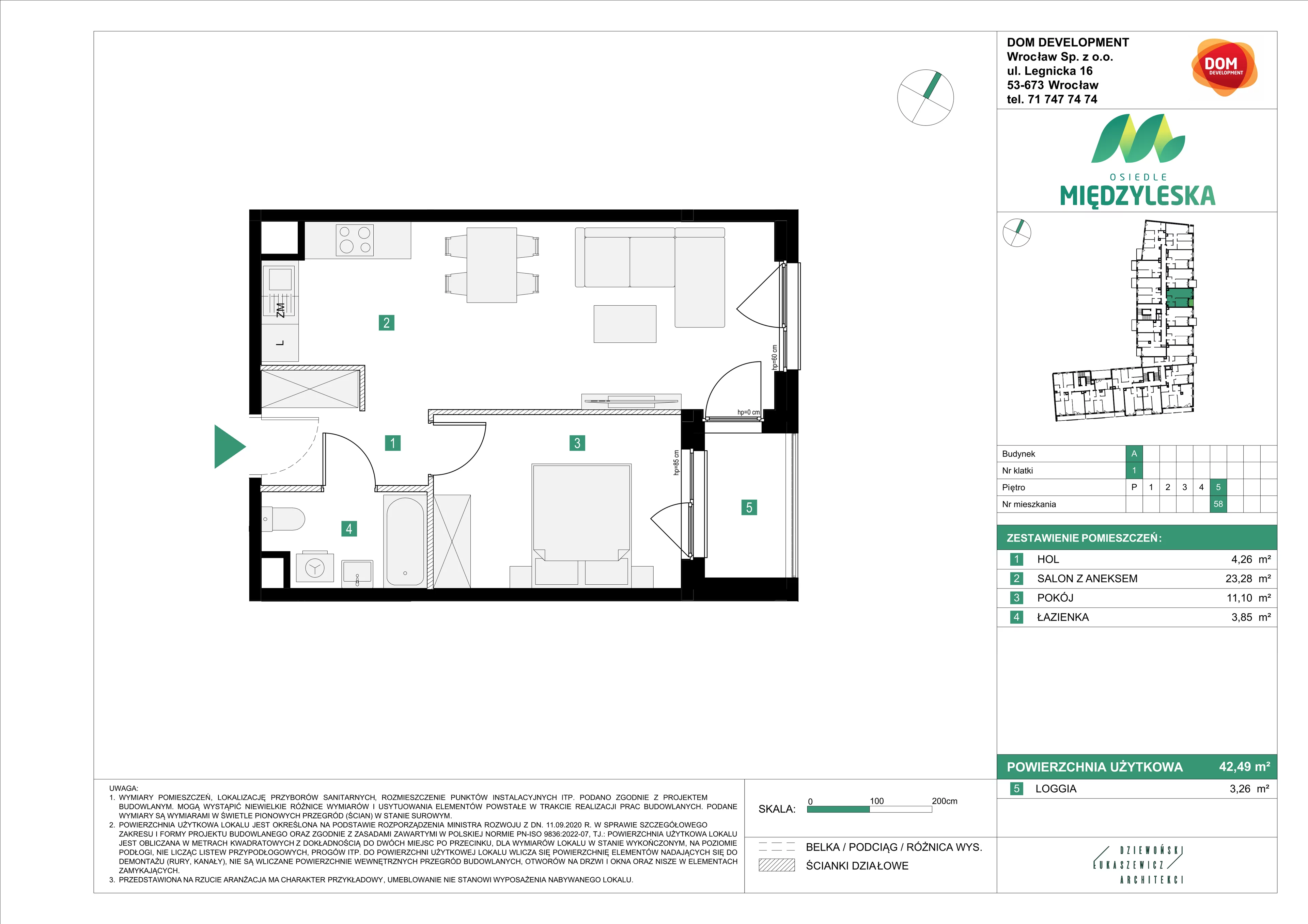 2 pokoje, mieszkanie 42,49 m², piętro 5, oferta nr A/58, Osiedle Międzyleska, Wrocław, Tarnogaj, Krzyki, ul. Międzyleska 6b