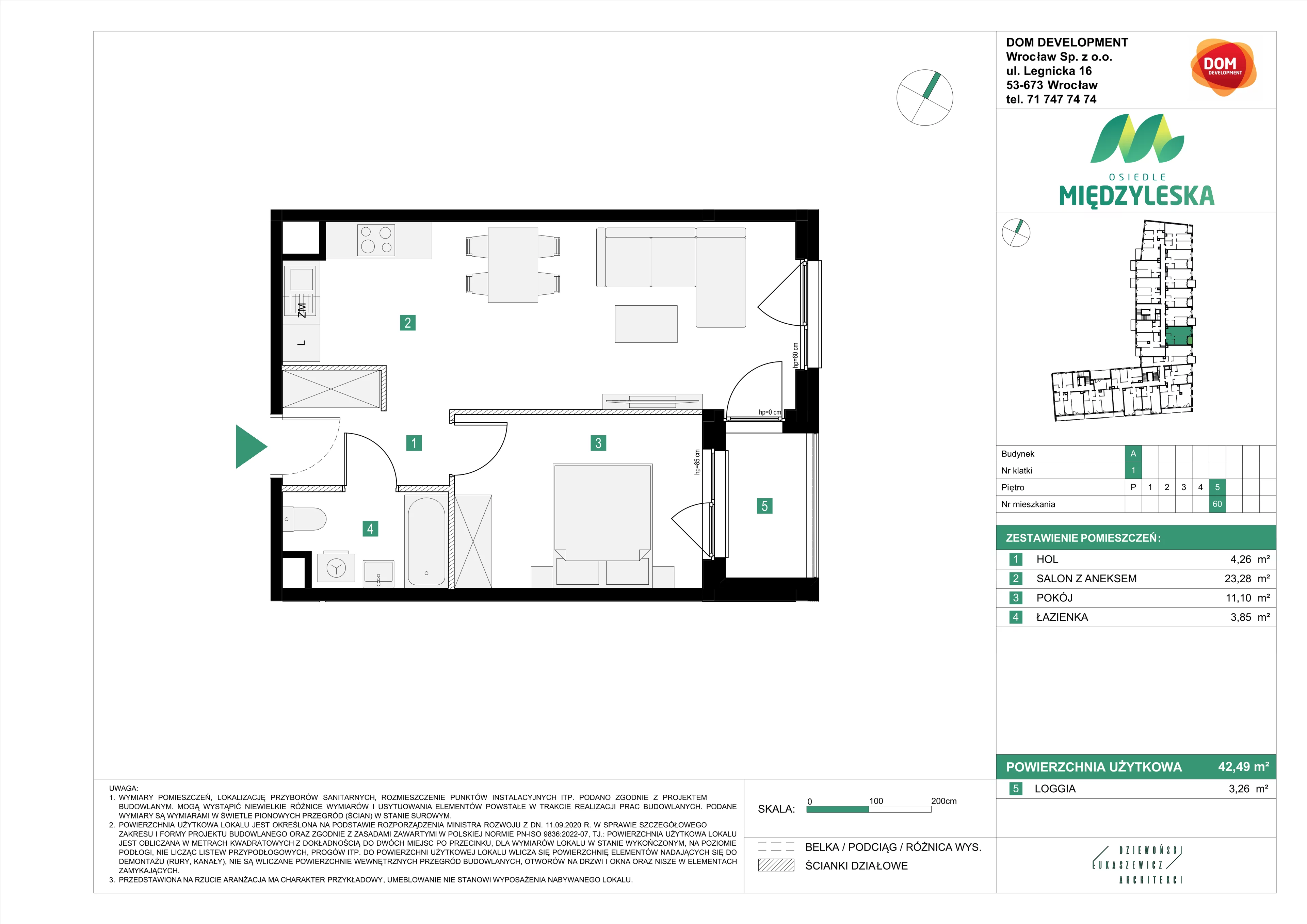 2 pokoje, mieszkanie 42,49 m², piętro 5, oferta nr A/60, Osiedle Międzyleska, Wrocław, Tarnogaj, Krzyki, ul. Międzyleska 6b