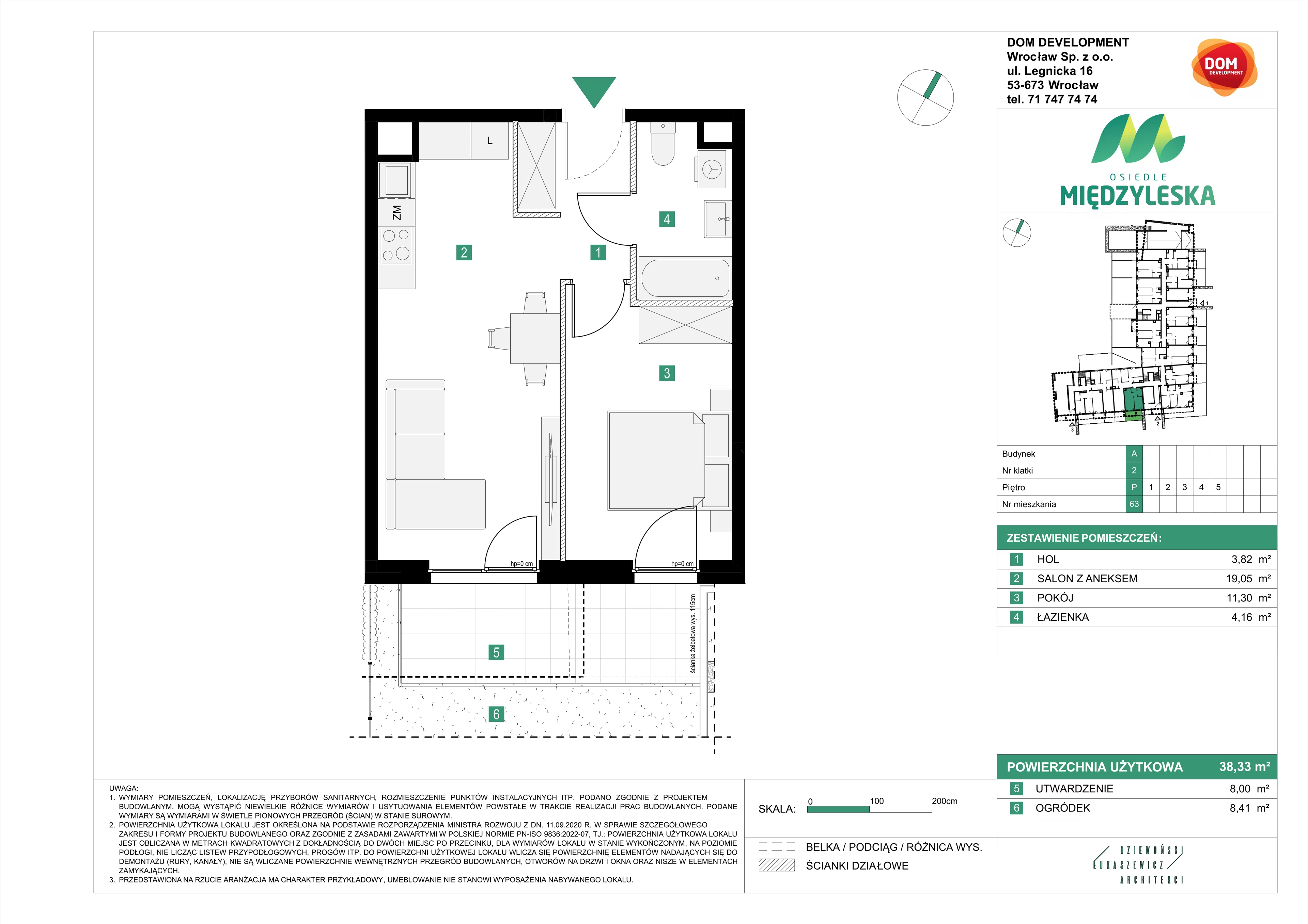 2 pokoje, mieszkanie 38,33 m², parter, oferta nr A/63, Osiedle Międzyleska, Wrocław, Tarnogaj, Krzyki, ul. Międzyleska 6b