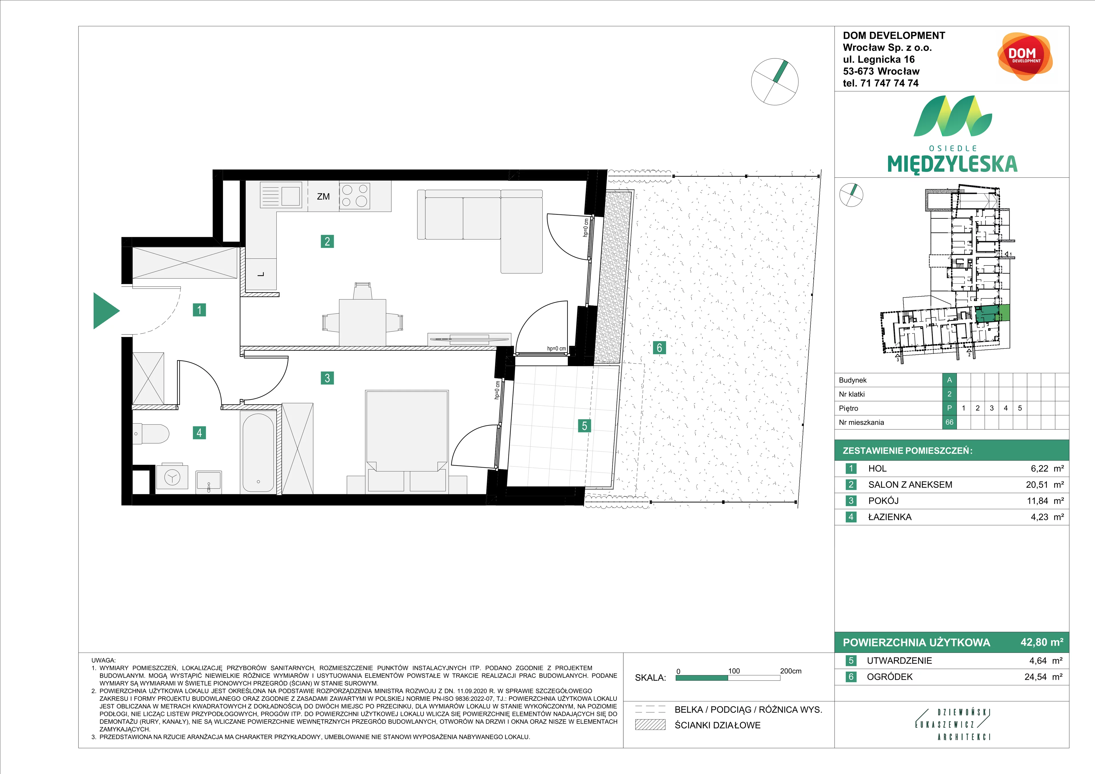 2 pokoje, mieszkanie 42,80 m², parter, oferta nr A/66, Osiedle Międzyleska, Wrocław, Tarnogaj, Krzyki, ul. Międzyleska 6b