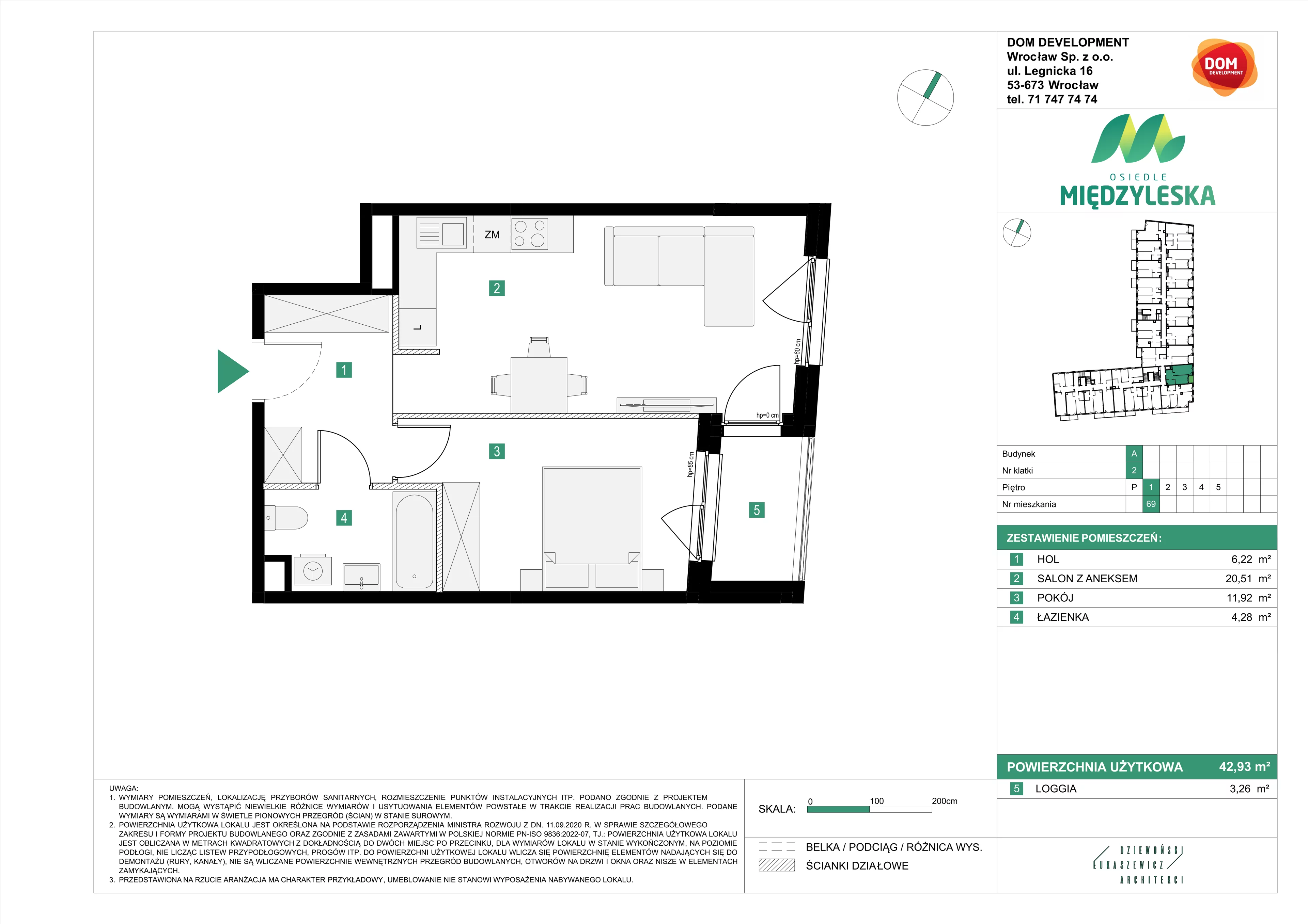 2 pokoje, mieszkanie 42,93 m², piętro 1, oferta nr A/69, Osiedle Międzyleska, Wrocław, Tarnogaj, Krzyki, ul. Międzyleska 6b