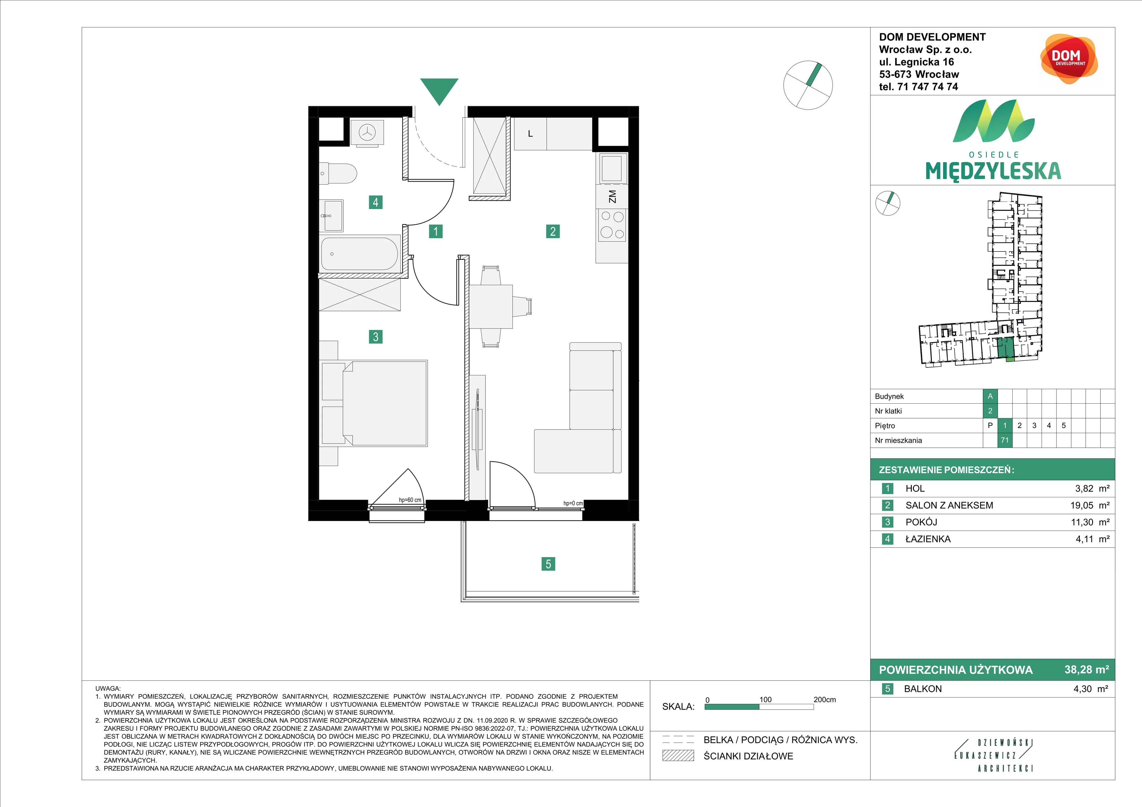 2 pokoje, mieszkanie 38,28 m², piętro 1, oferta nr A/71, Osiedle Międzyleska, Wrocław, Tarnogaj, Krzyki, ul. Międzyleska 6b