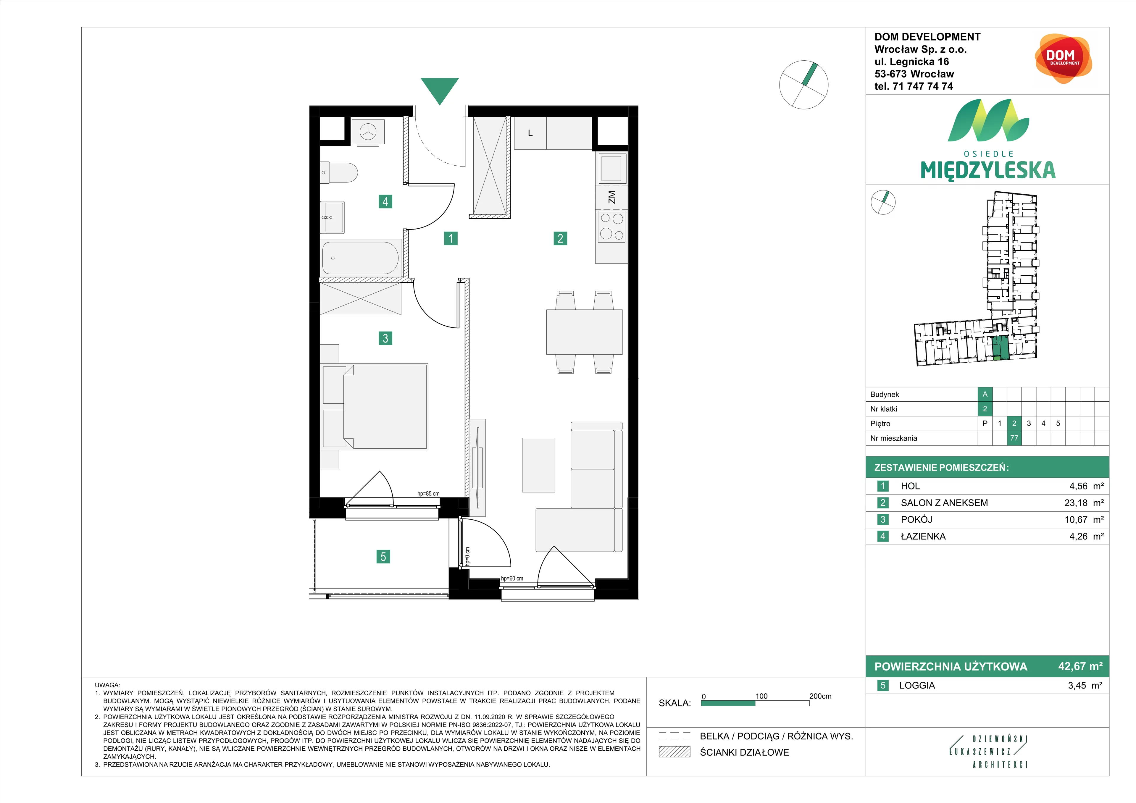 2 pokoje, mieszkanie 42,67 m², piętro 2, oferta nr A/77, Osiedle Międzyleska, Wrocław, Tarnogaj, Krzyki, ul. Międzyleska 6b
