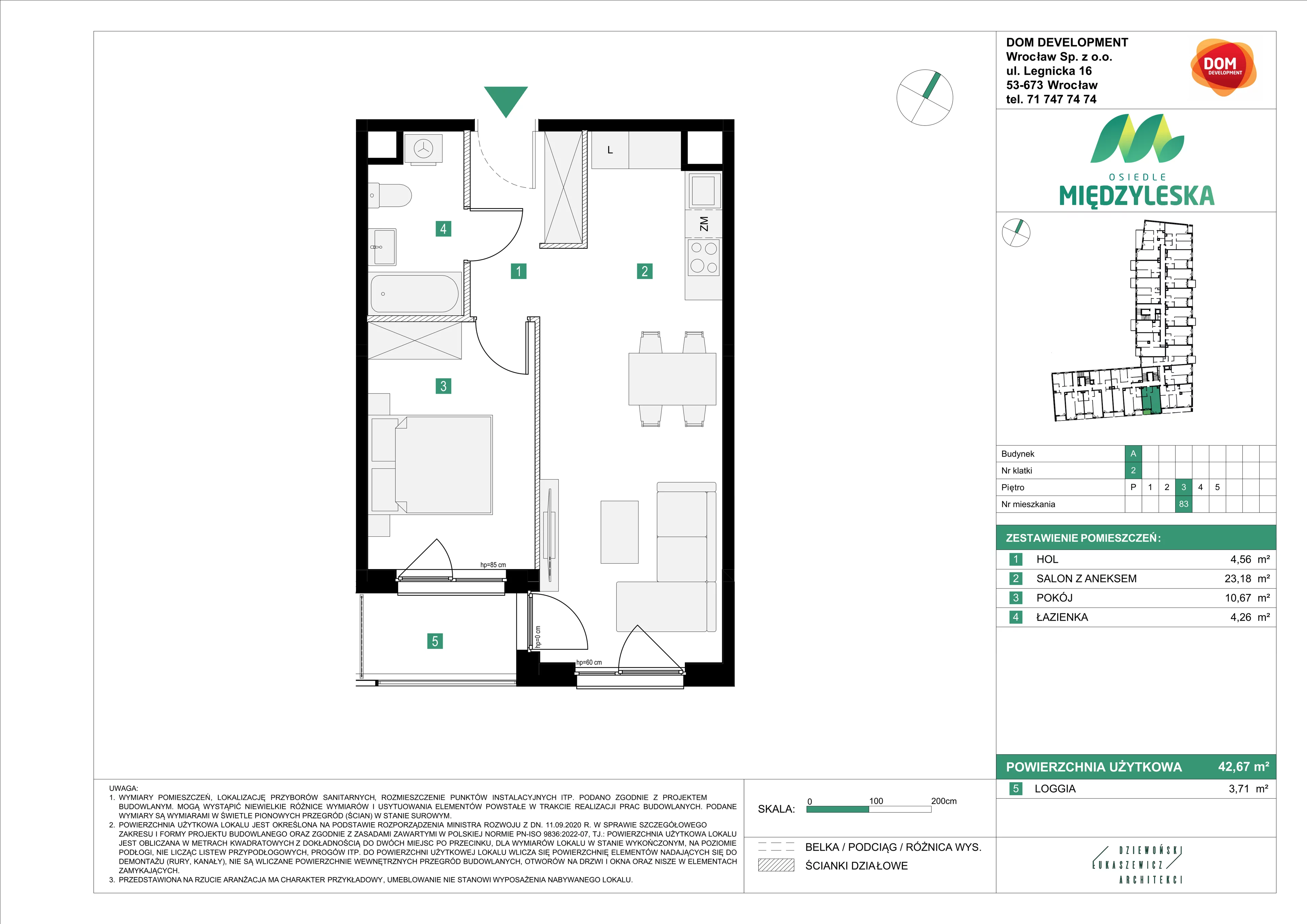 2 pokoje, mieszkanie 42,67 m², piętro 3, oferta nr A/83, Osiedle Międzyleska, Wrocław, Tarnogaj, Krzyki, ul. Międzyleska 6b