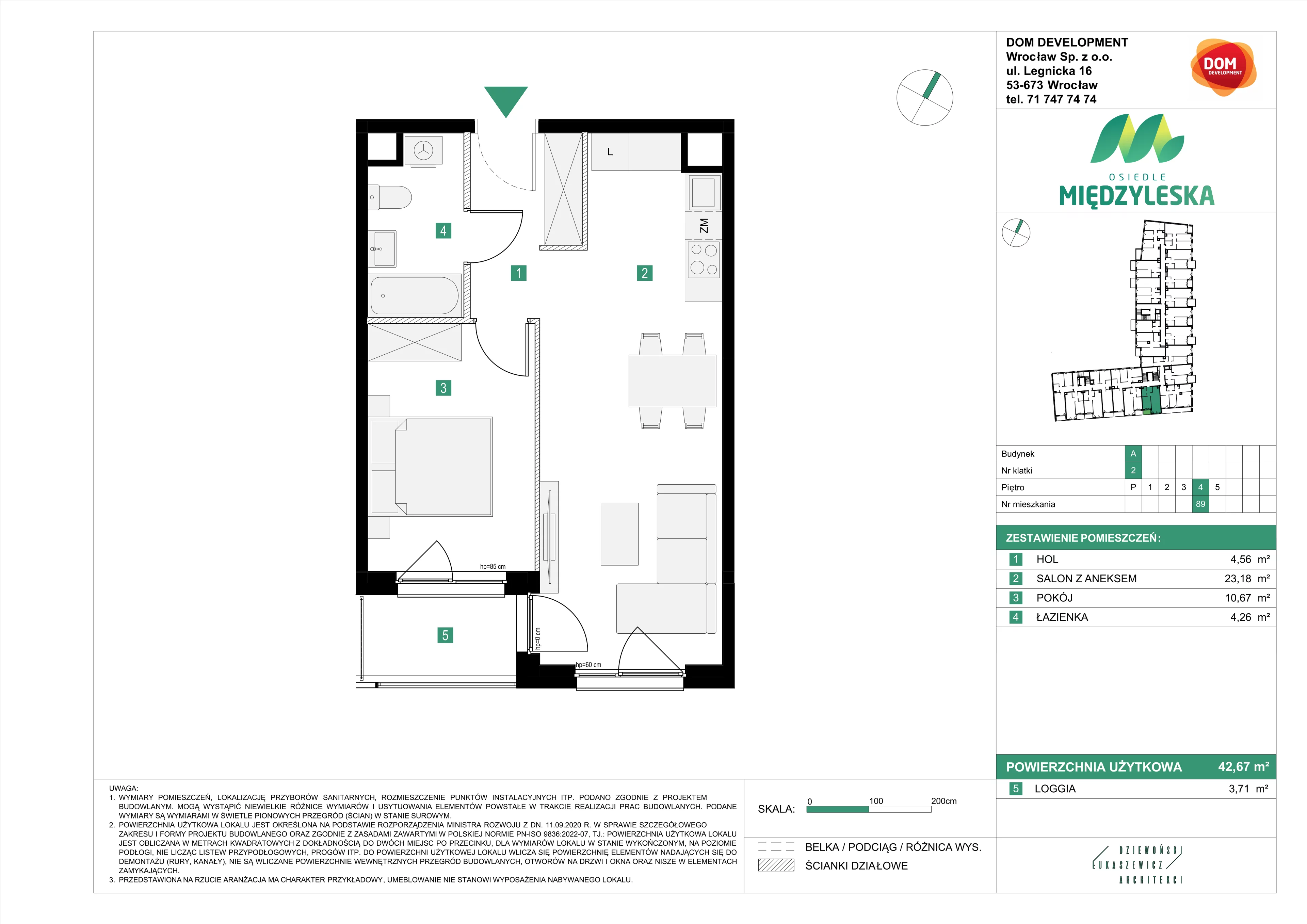 2 pokoje, mieszkanie 42,67 m², piętro 4, oferta nr A/89, Osiedle Międzyleska, Wrocław, Tarnogaj, Krzyki, ul. Międzyleska 6b