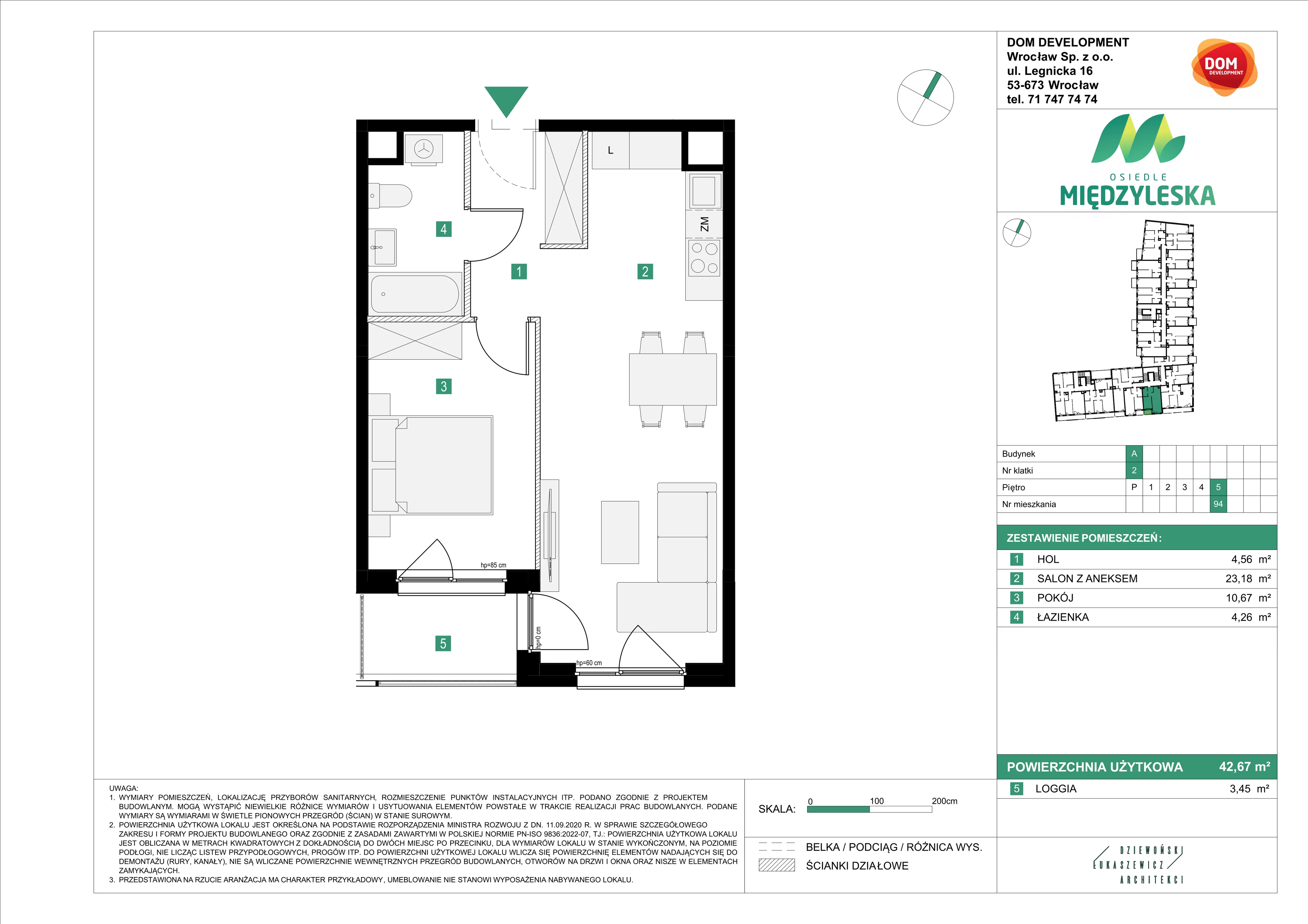 2 pokoje, mieszkanie 42,67 m², piętro 5, oferta nr A/94, Osiedle Międzyleska, Wrocław, Tarnogaj, Krzyki, ul. Międzyleska 6b
