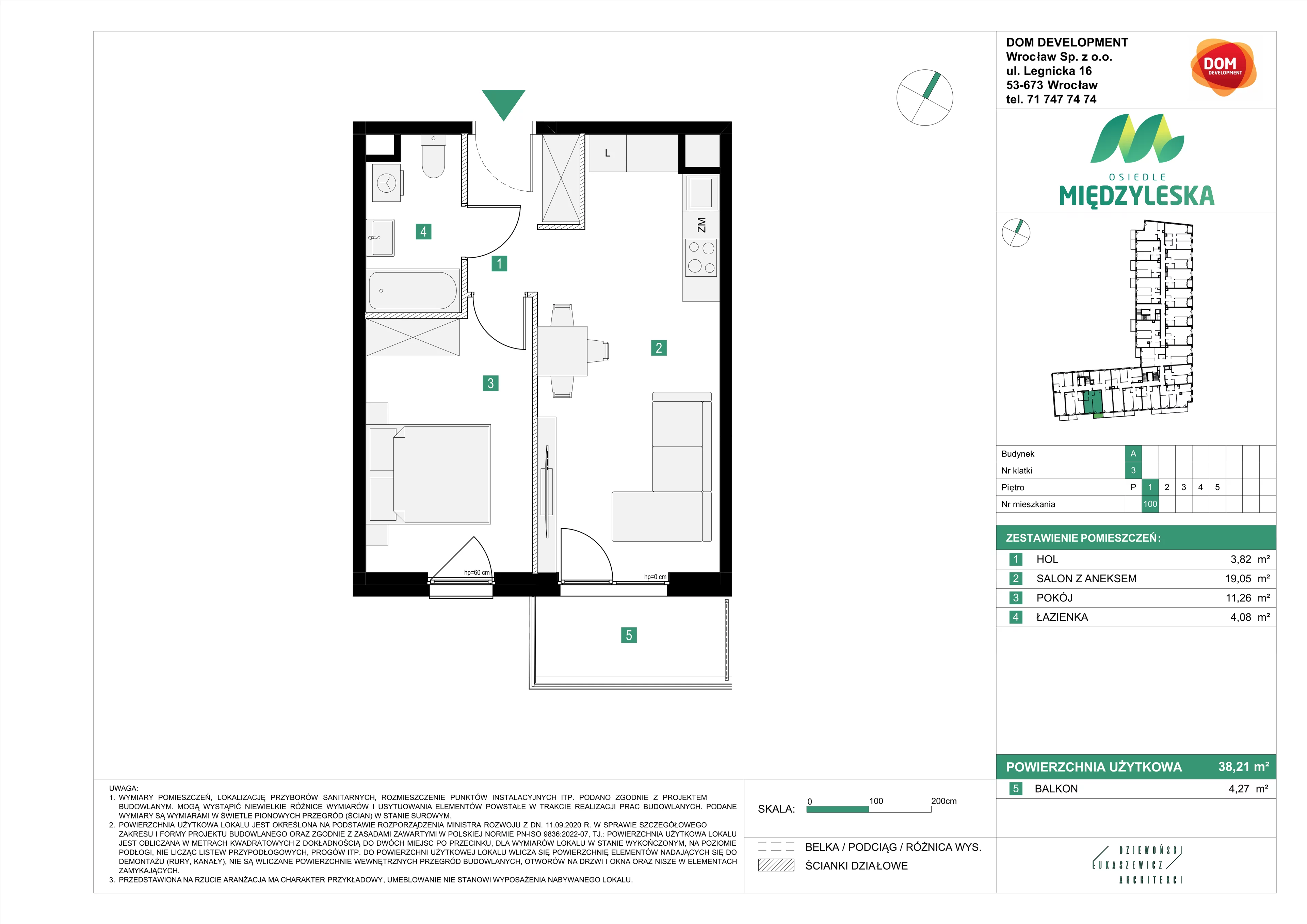 2 pokoje, mieszkanie 38,21 m², piętro 1, oferta nr A/100, Osiedle Międzyleska, Wrocław, Tarnogaj, Krzyki, ul. Międzyleska 6b