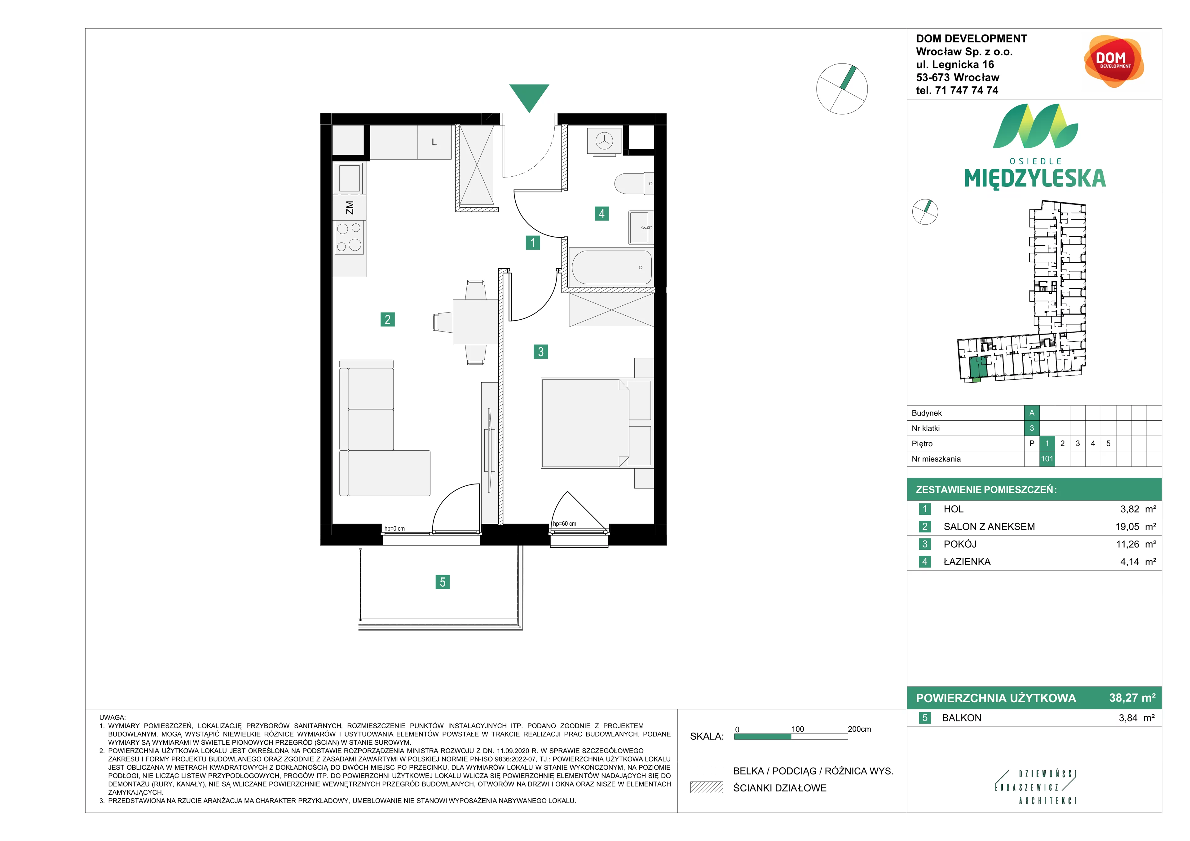 2 pokoje, mieszkanie 38,27 m², piętro 1, oferta nr A/101, Osiedle Międzyleska, Wrocław, Tarnogaj, Krzyki, ul. Międzyleska 6b