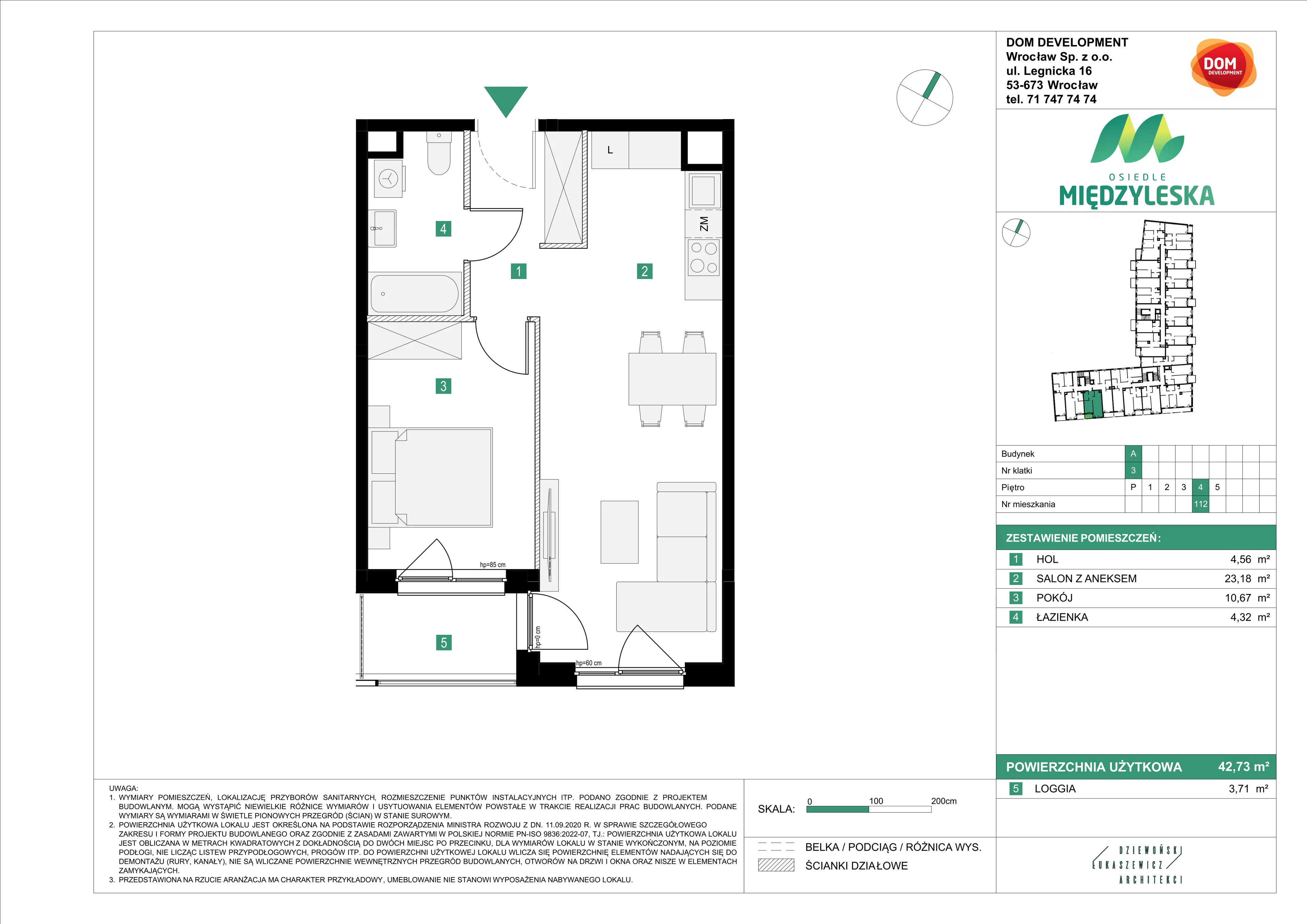 2 pokoje, mieszkanie 42,73 m², piętro 4, oferta nr A/112, Osiedle Międzyleska, Wrocław, Tarnogaj, Krzyki, ul. Międzyleska 6b