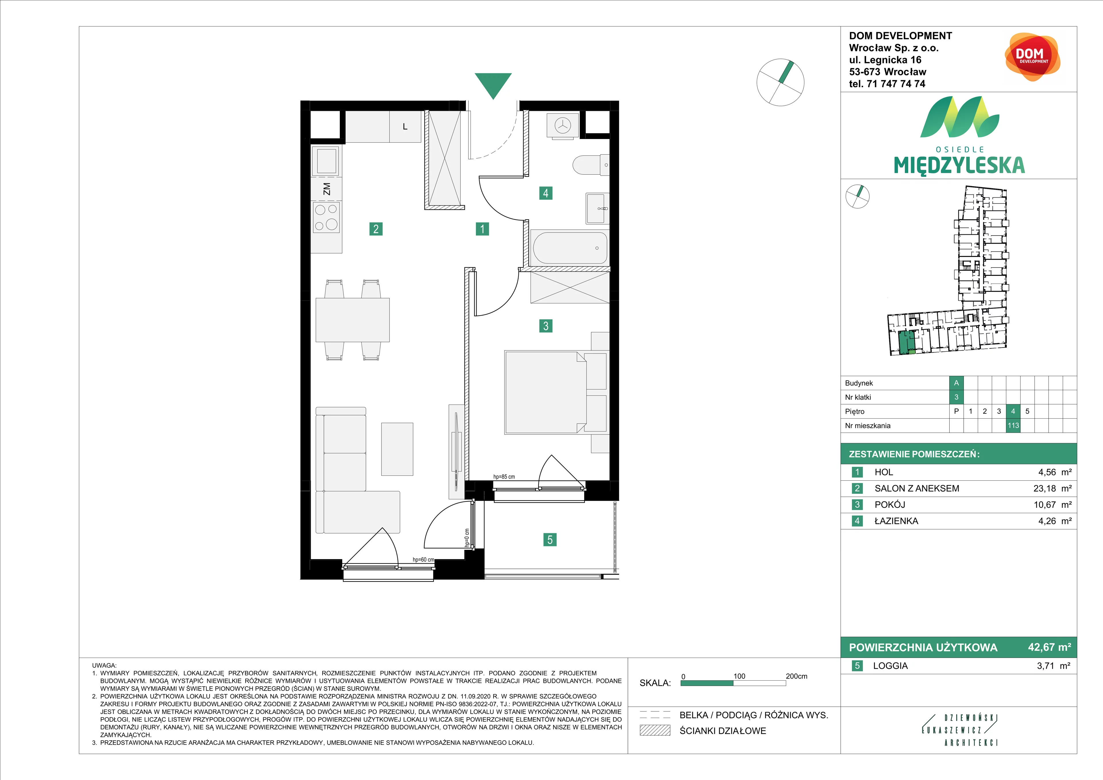 2 pokoje, mieszkanie 42,67 m², piętro 4, oferta nr A/113, Osiedle Międzyleska, Wrocław, Tarnogaj, Krzyki, ul. Międzyleska 6b