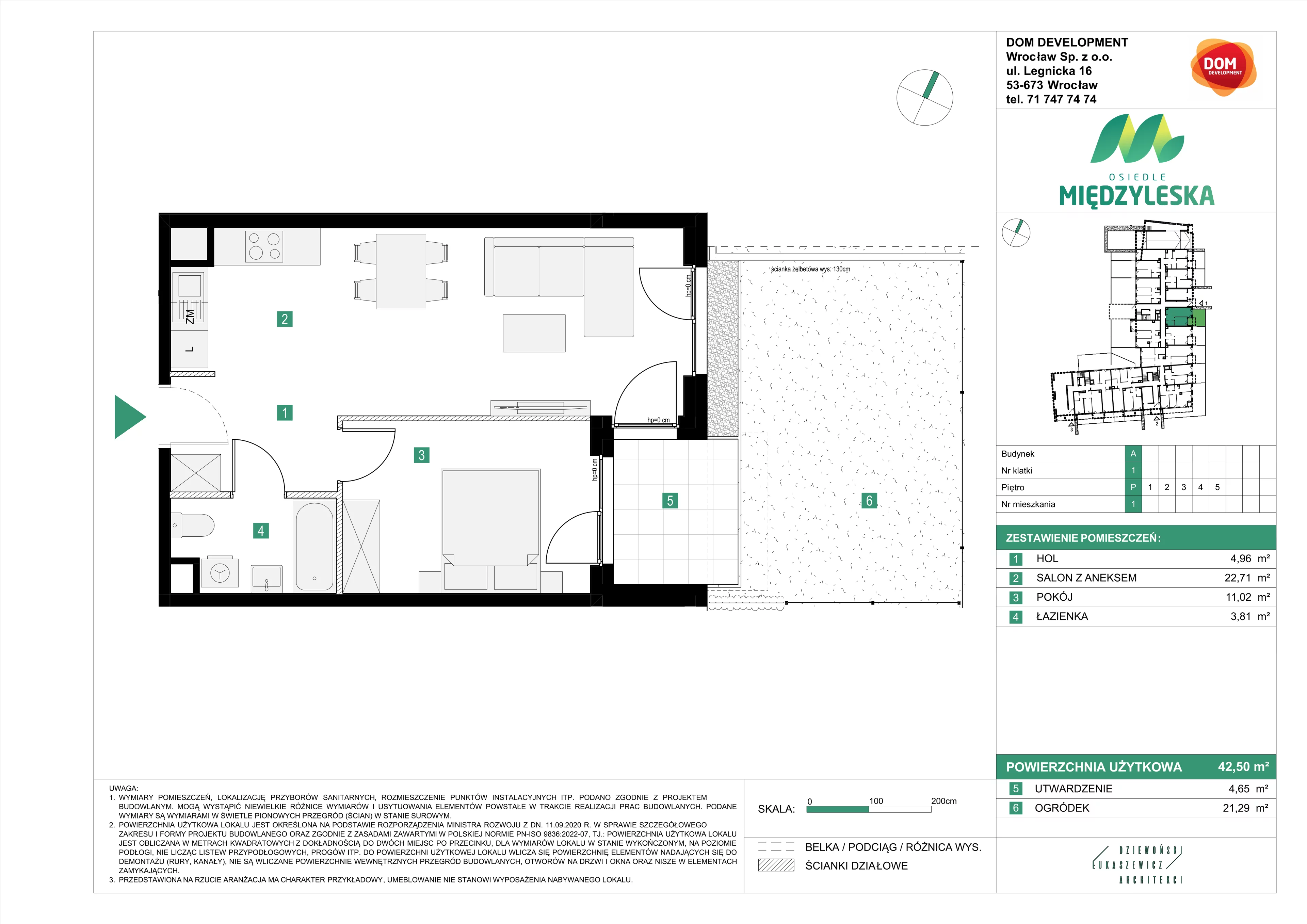 2 pokoje, mieszkanie 42,50 m², parter, oferta nr A/1, Osiedle Międzyleska 3, Wrocław, Tarnogaj, Krzyki, ul. Międzyleska
