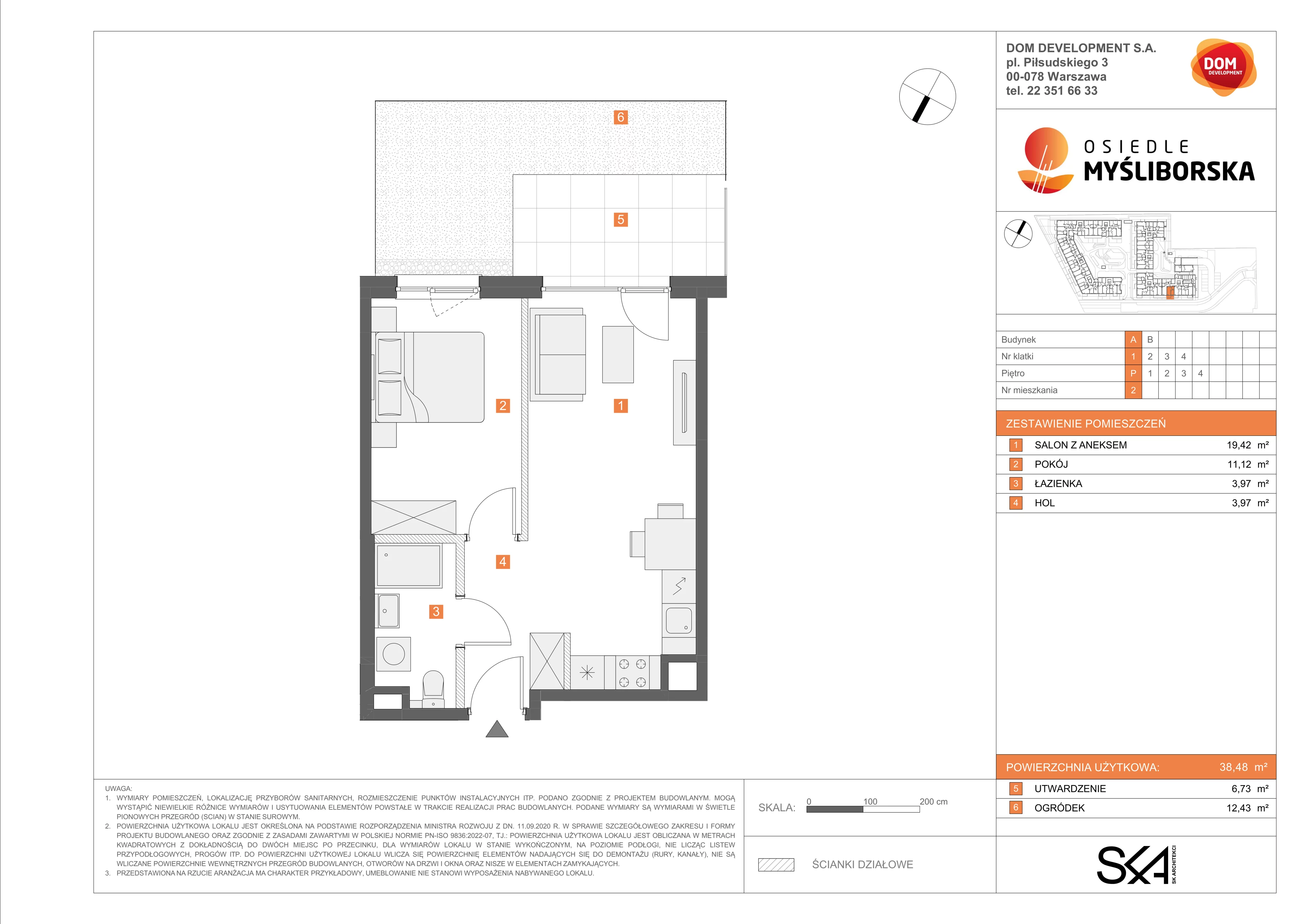 2 pokoje, mieszkanie 38,48 m², parter, oferta nr A/2, Osiedle Myśliborska, Warszawa, Białołęka, Żerań, ul. Myśliborska / Ochorowicza