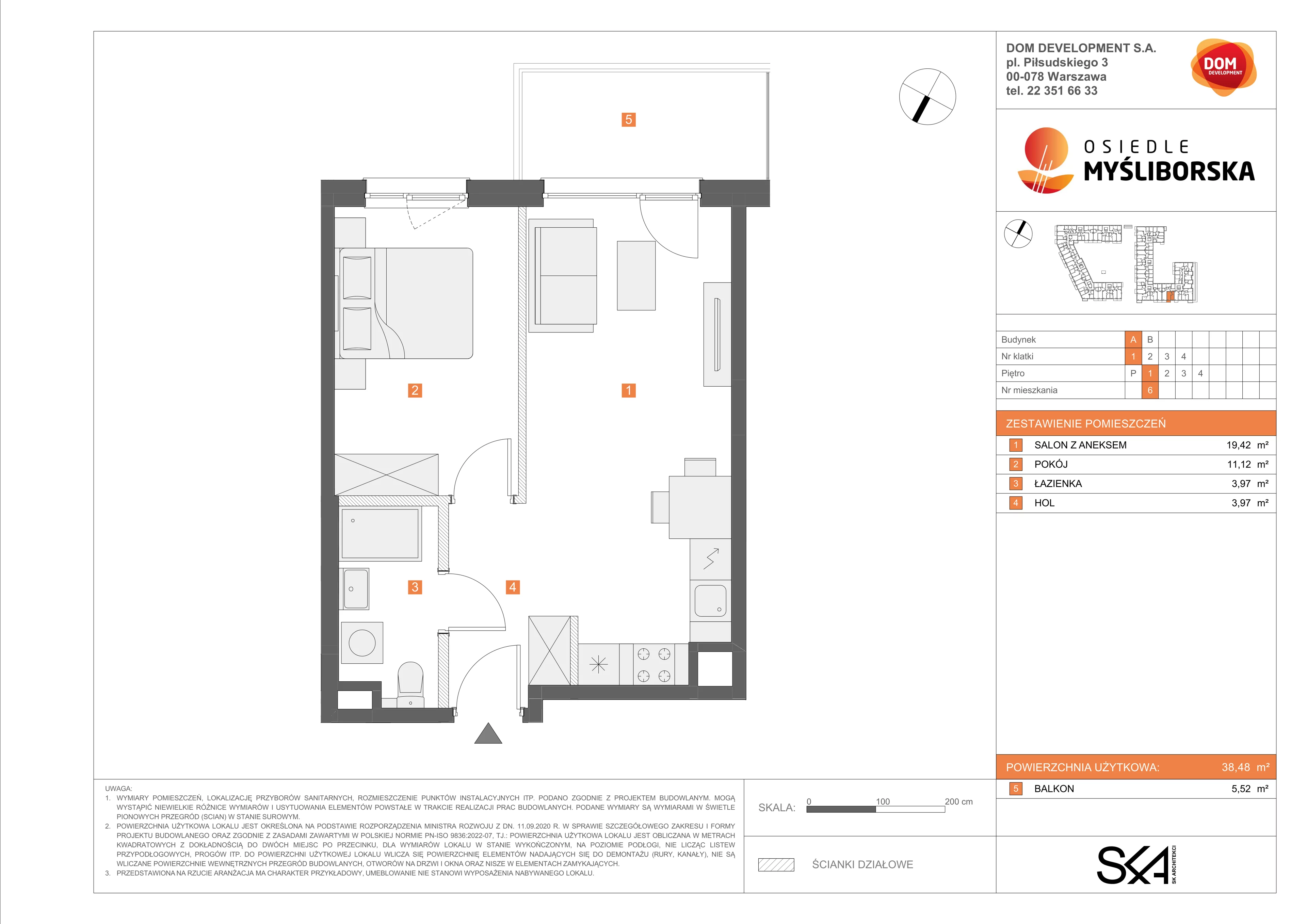 2 pokoje, mieszkanie 38,48 m², piętro 1, oferta nr A/6, Osiedle Myśliborska, Warszawa, Białołęka, Żerań, ul. Myśliborska / Ochorowicza