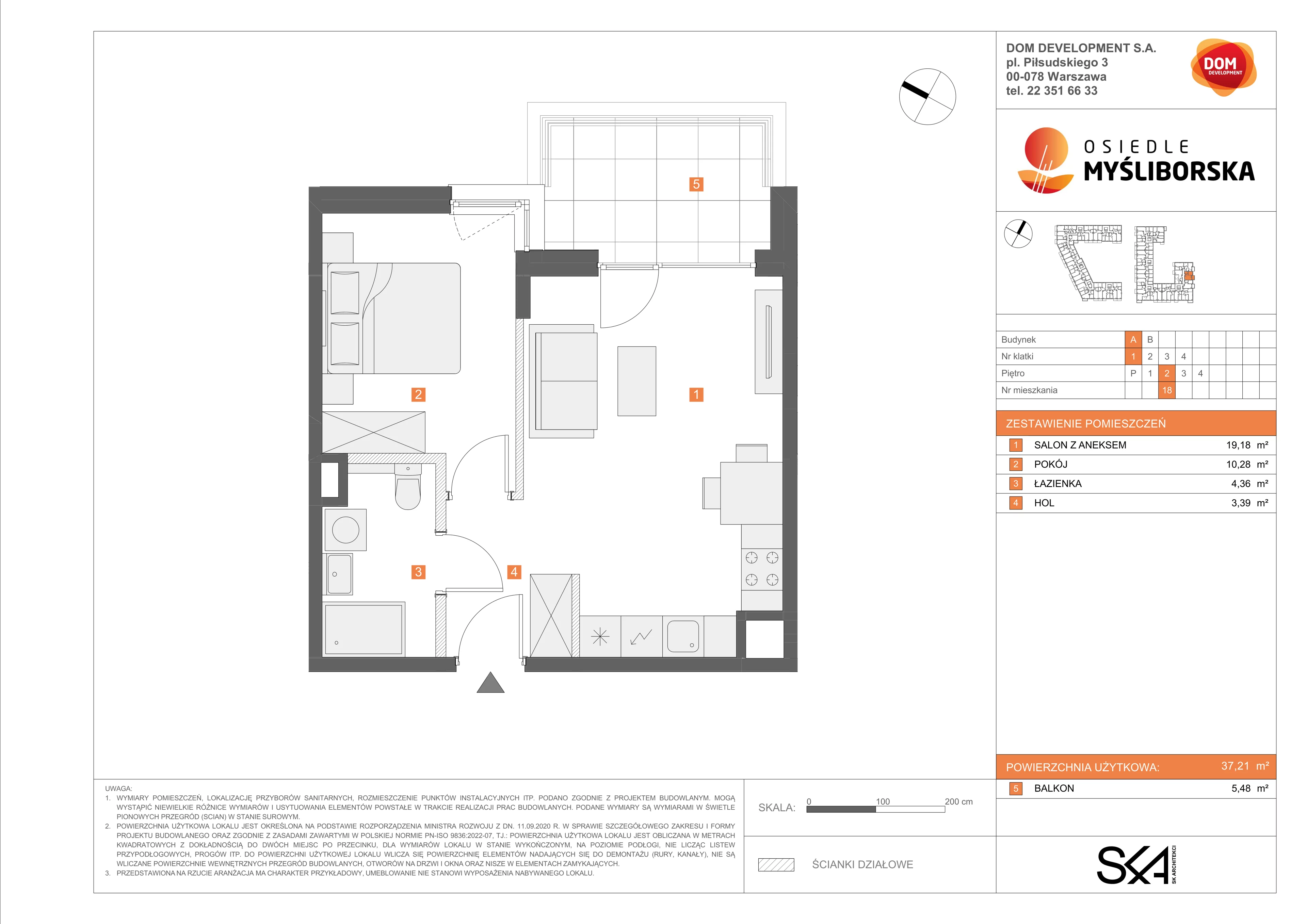 2 pokoje, mieszkanie 37,21 m², piętro 2, oferta nr A/18, Osiedle Myśliborska, Warszawa, Białołęka, Żerań, ul. Myśliborska / Ochorowicza