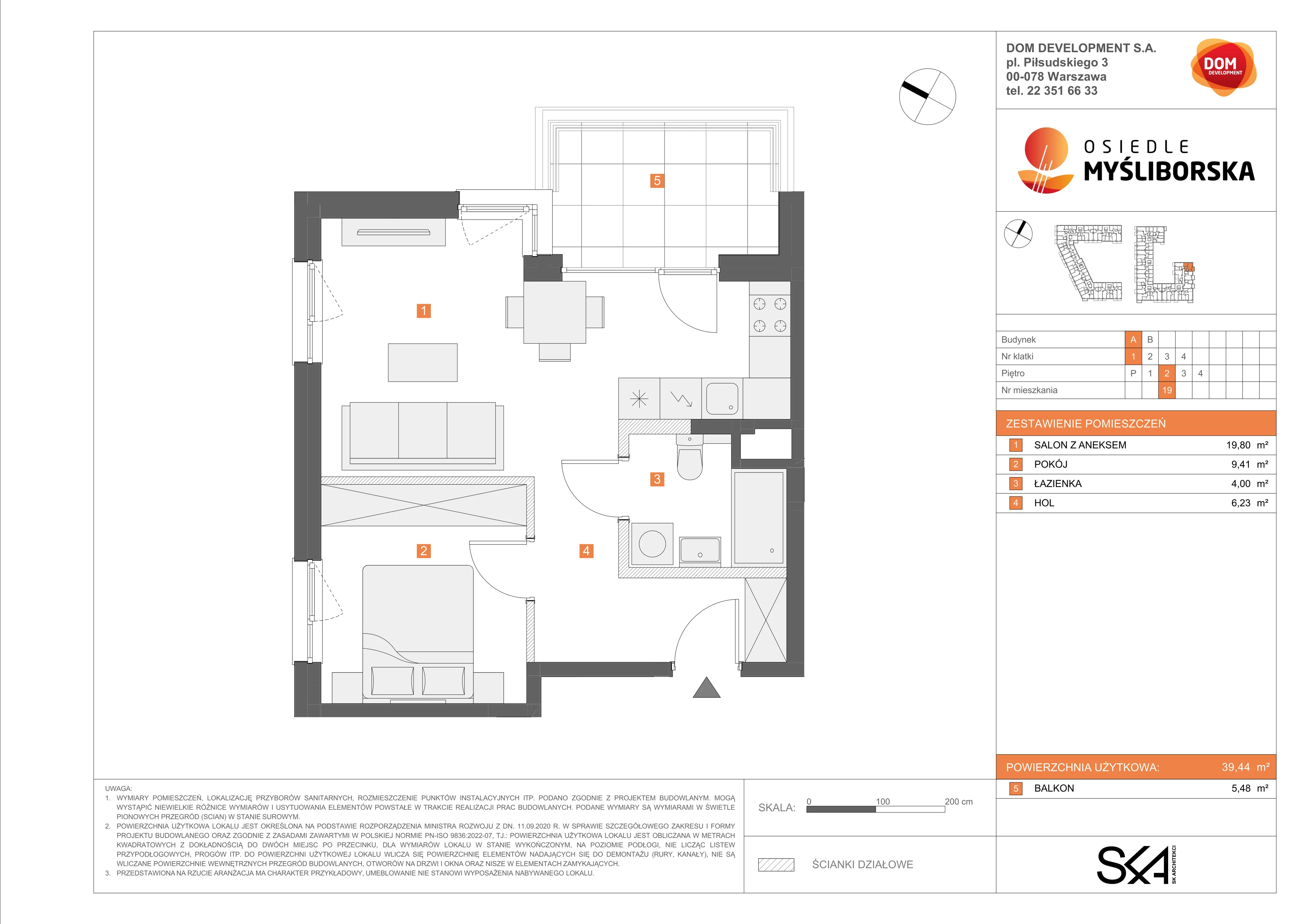 2 pokoje, mieszkanie 39,44 m², piętro 2, oferta nr A/19, Osiedle Myśliborska, Warszawa, Białołęka, Żerań, ul. Myśliborska / Ochorowicza