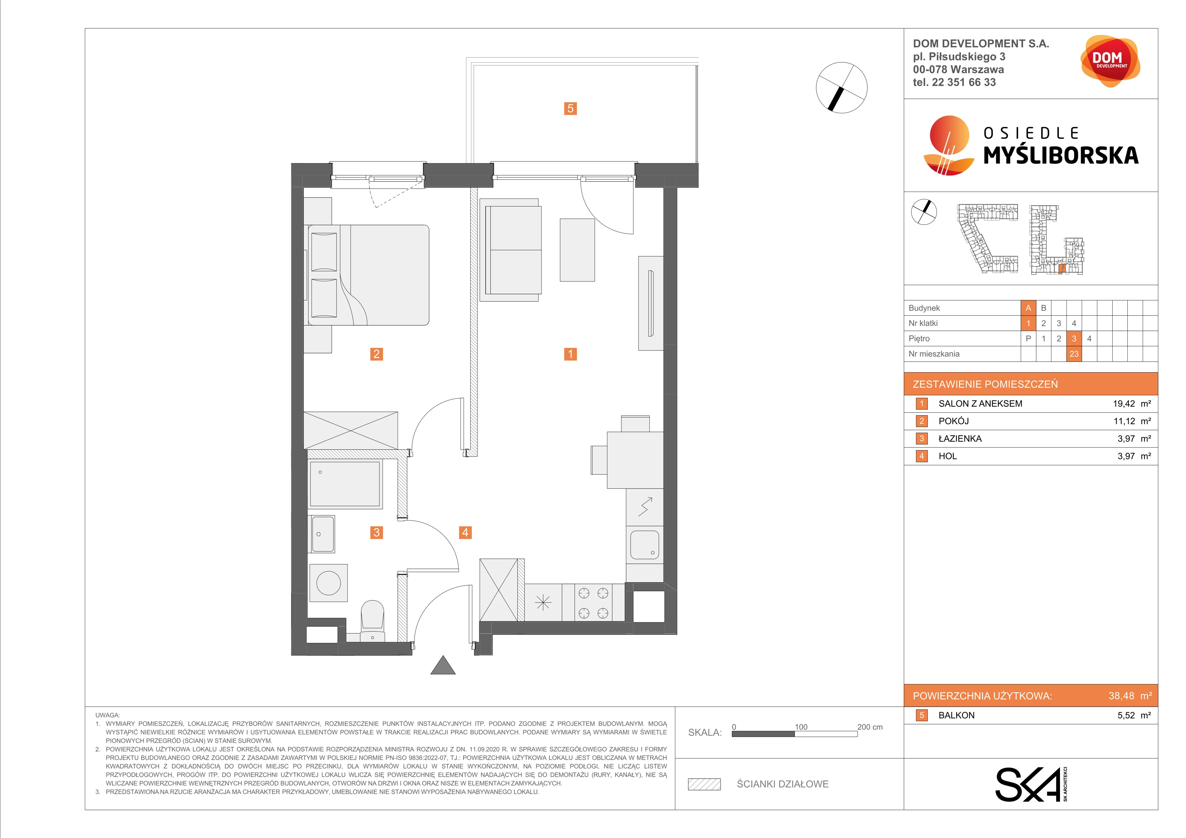 2 pokoje, mieszkanie 38,48 m², piętro 3, oferta nr A/23, Osiedle Myśliborska, Warszawa, Białołęka, Żerań, ul. Myśliborska / Ochorowicza
