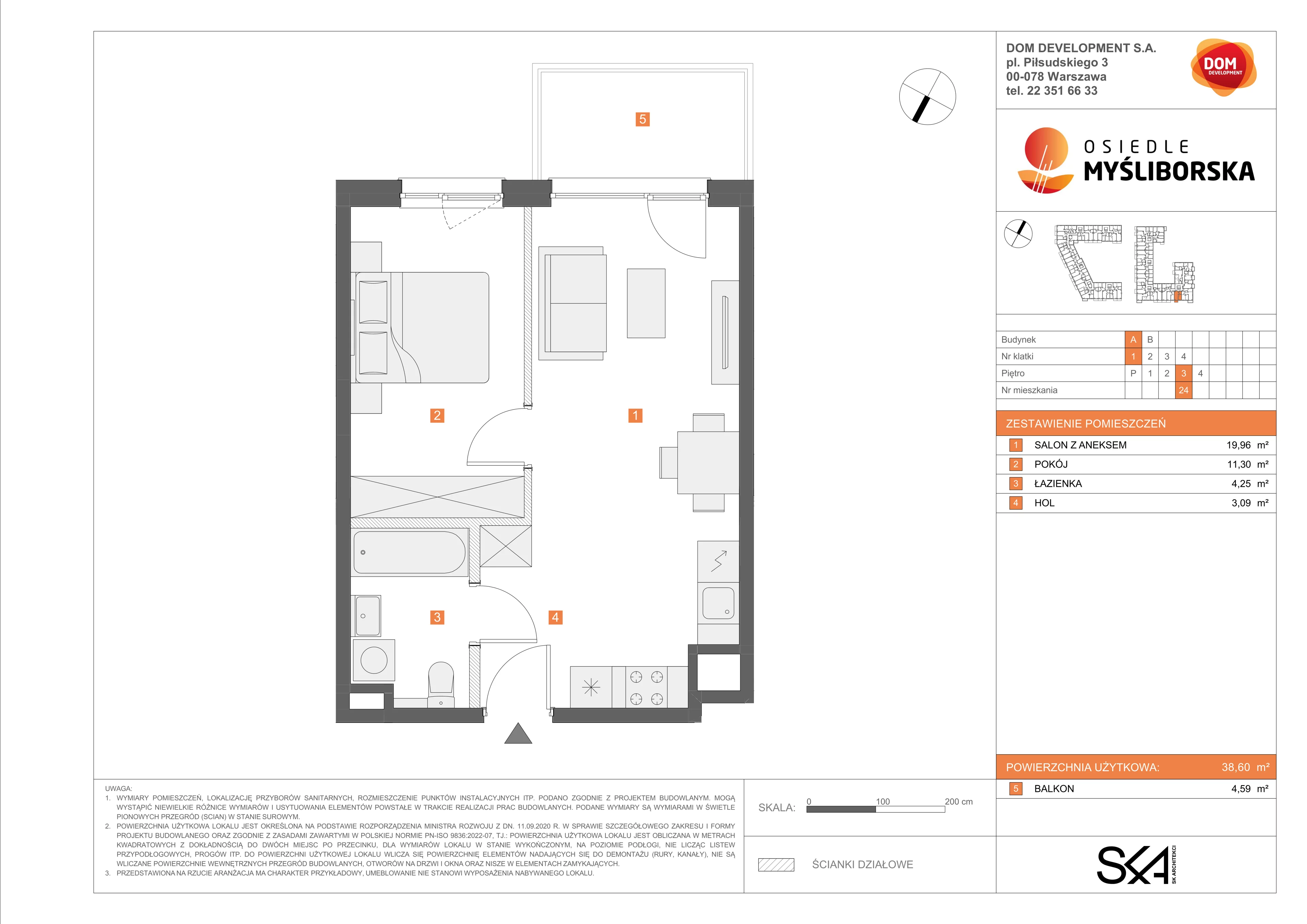 2 pokoje, mieszkanie 38,60 m², piętro 3, oferta nr A/24, Osiedle Myśliborska, Warszawa, Białołęka, Żerań, ul. Myśliborska / Ochorowicza