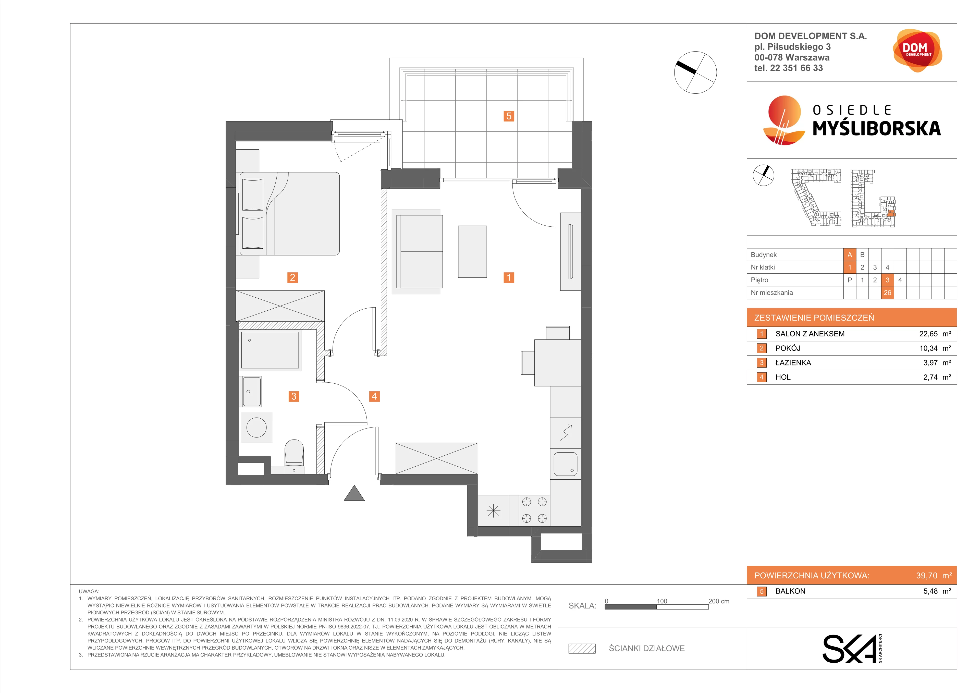 2 pokoje, mieszkanie 39,70 m², piętro 3, oferta nr A/26, Osiedle Myśliborska, Warszawa, Białołęka, Żerań, ul. Myśliborska / Ochorowicza