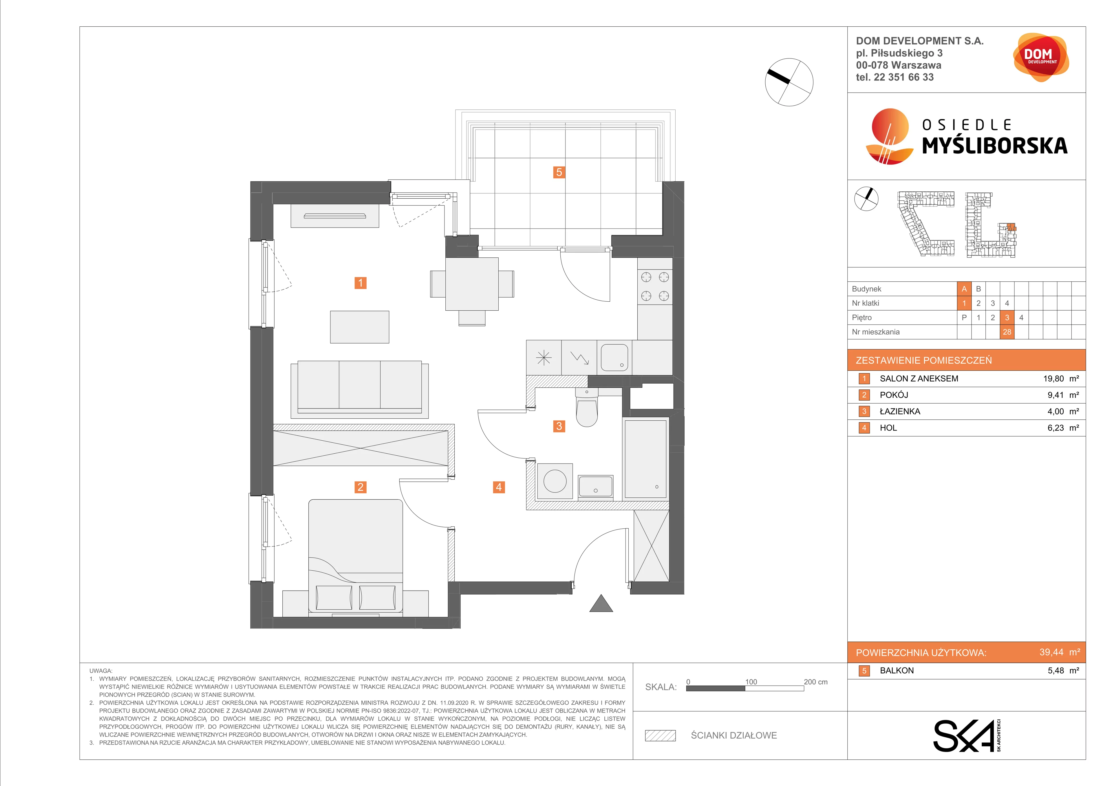 2 pokoje, mieszkanie 39,44 m², piętro 3, oferta nr A/28, Osiedle Myśliborska, Warszawa, Białołęka, Żerań, ul. Myśliborska / Ochorowicza