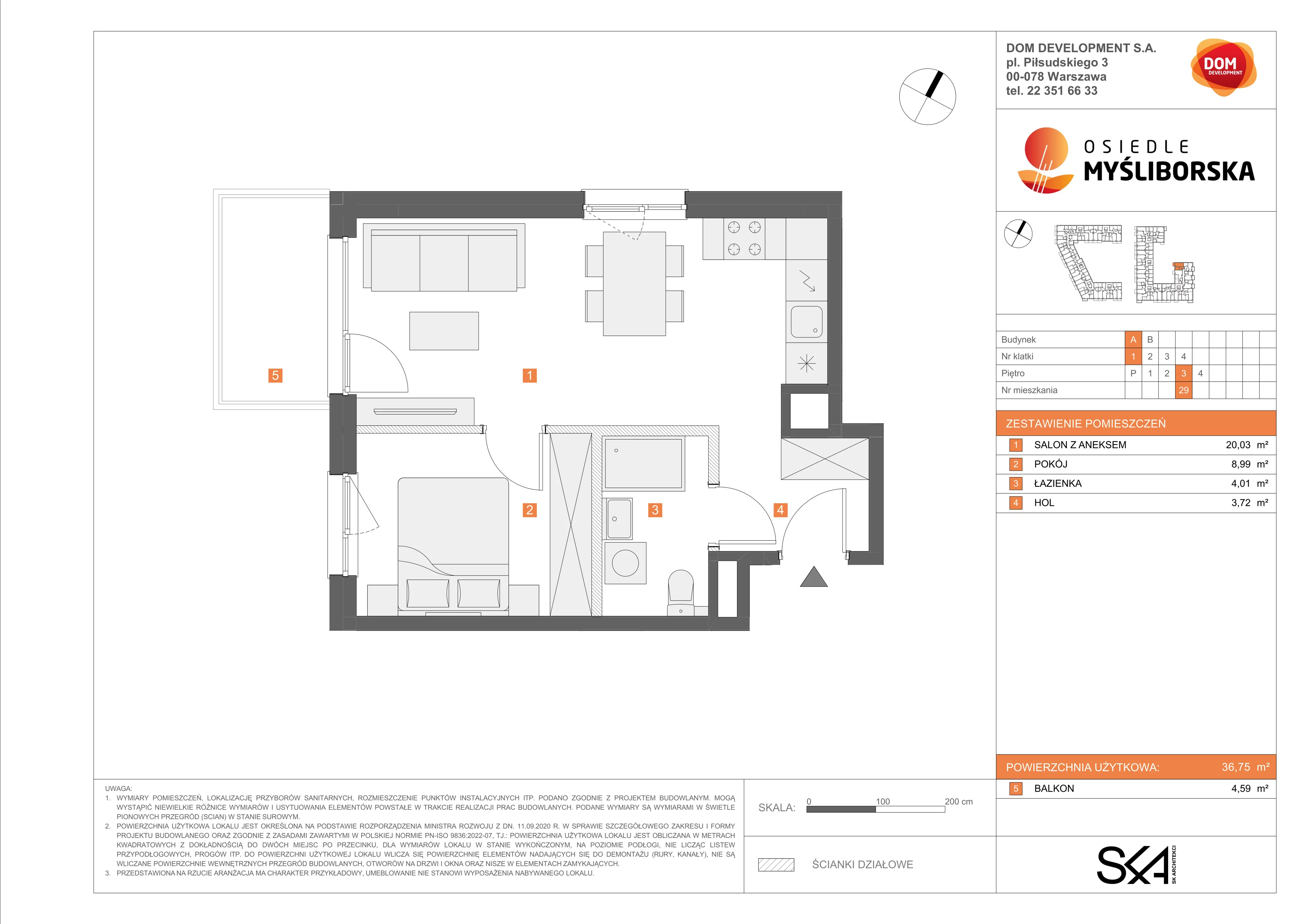 2 pokoje, mieszkanie 36,75 m², piętro 3, oferta nr A/29, Osiedle Myśliborska, Warszawa, Białołęka, Żerań, ul. Myśliborska / Ochorowicza