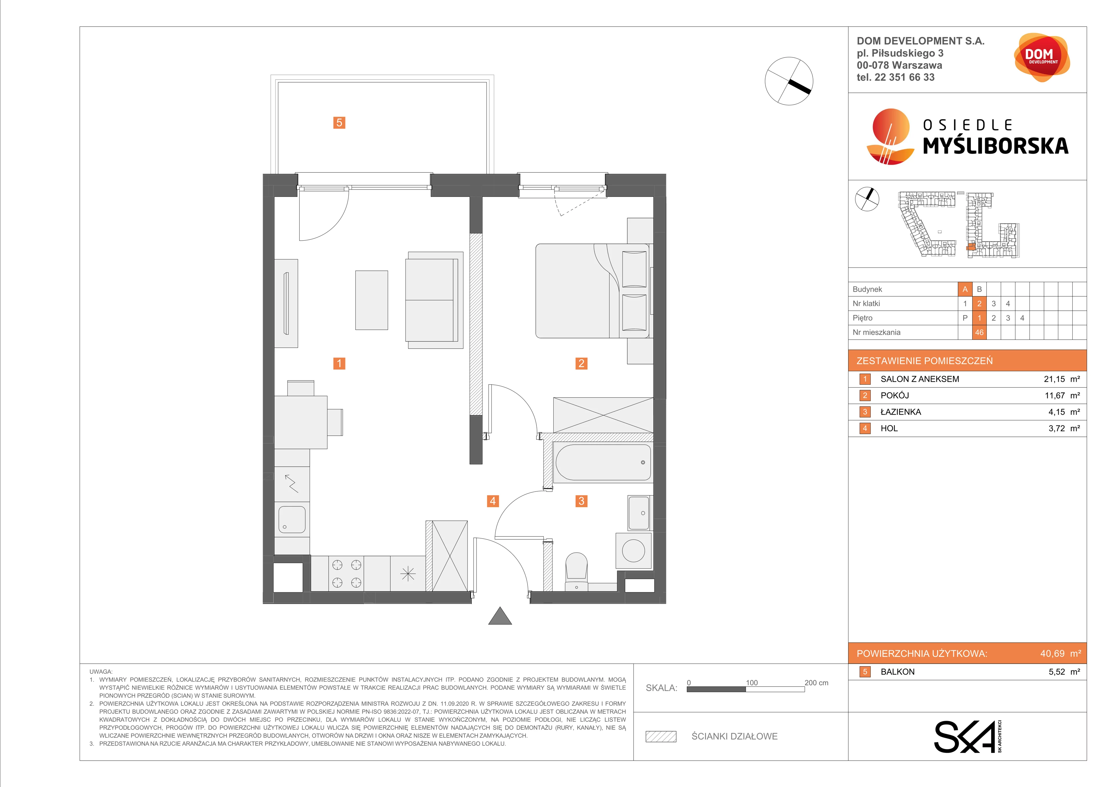 2 pokoje, mieszkanie 40,69 m², piętro 1, oferta nr A/46, Osiedle Myśliborska, Warszawa, Białołęka, Żerań, ul. Myśliborska / Ochorowicza