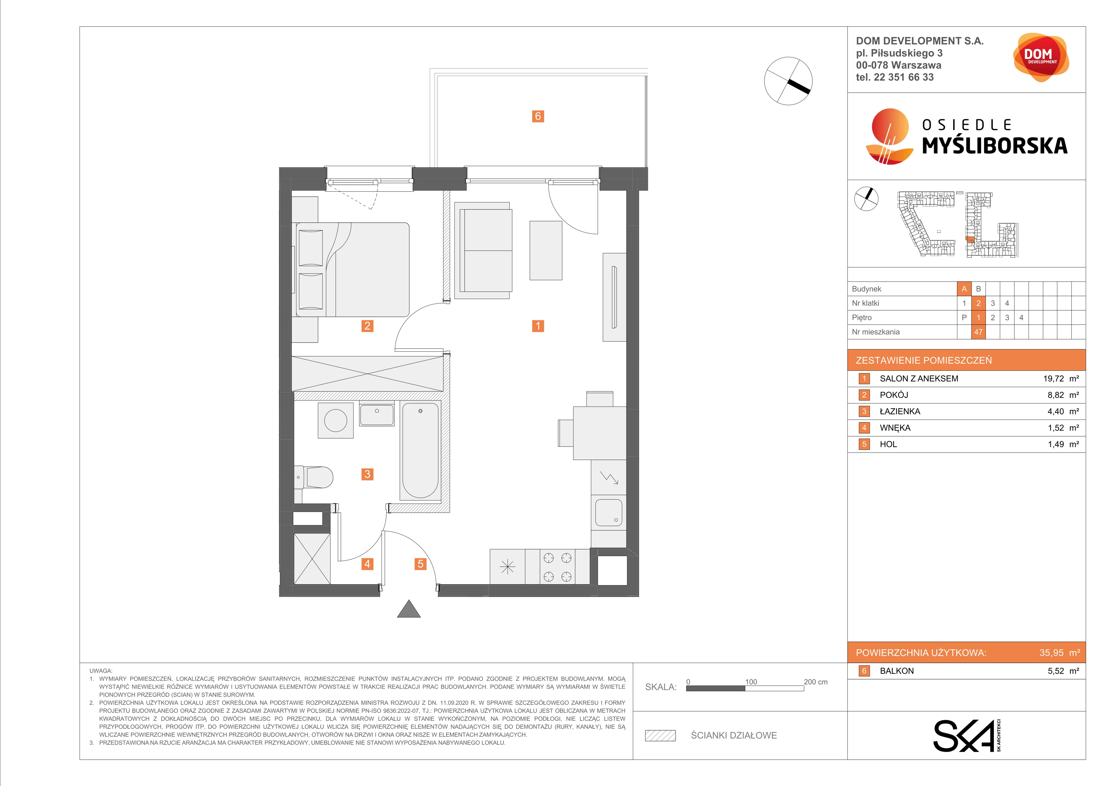 2 pokoje, mieszkanie 35,95 m², piętro 1, oferta nr A/47, Osiedle Myśliborska, Warszawa, Białołęka, Żerań, ul. Myśliborska / Ochorowicza