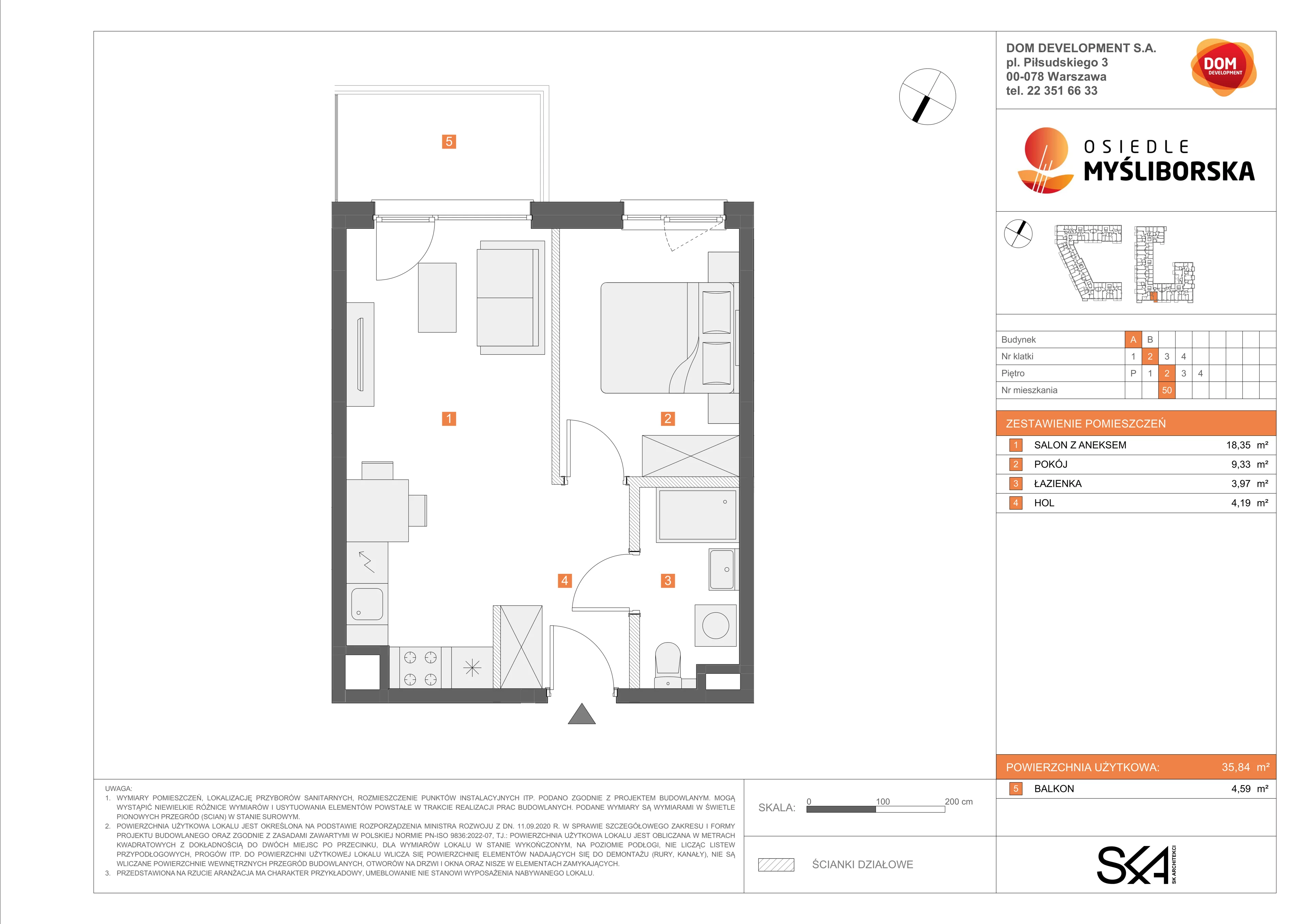 2 pokoje, mieszkanie 35,84 m², piętro 2, oferta nr A/50, Osiedle Myśliborska, Warszawa, Białołęka, Żerań, ul. Myśliborska / Ochorowicza