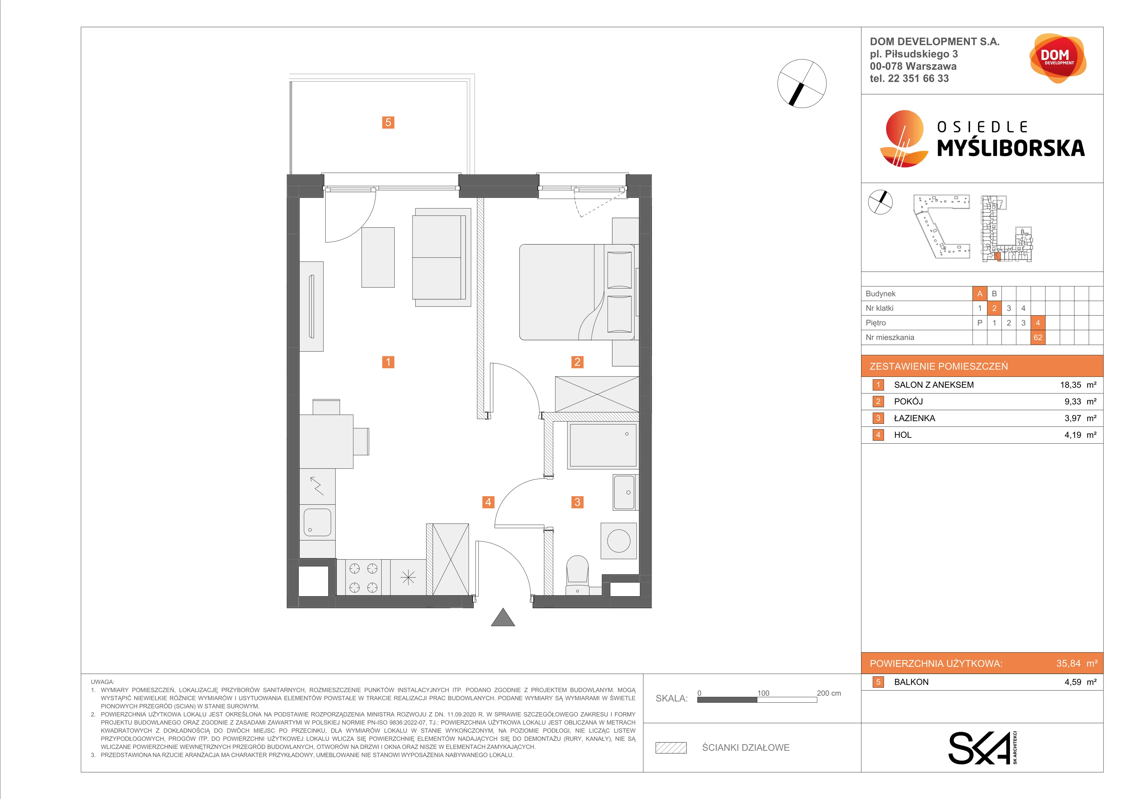 2 pokoje, mieszkanie 35,84 m², piętro 4, oferta nr A/62, Osiedle Myśliborska, Warszawa, Białołęka, Żerań, ul. Myśliborska / Ochorowicza