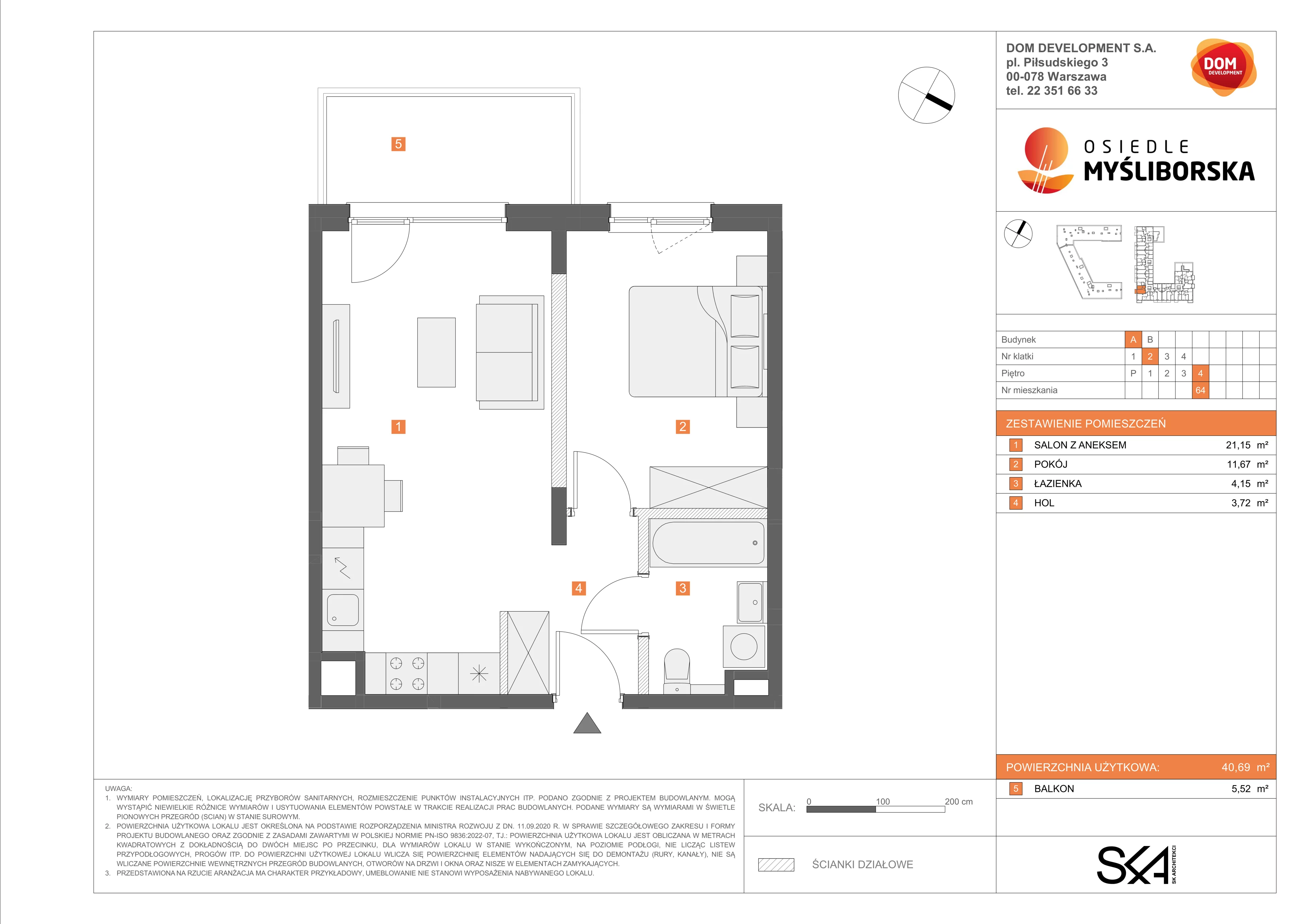 2 pokoje, mieszkanie 40,69 m², piętro 4, oferta nr A/64, Osiedle Myśliborska, Warszawa, Białołęka, Żerań, ul. Myśliborska / Ochorowicza