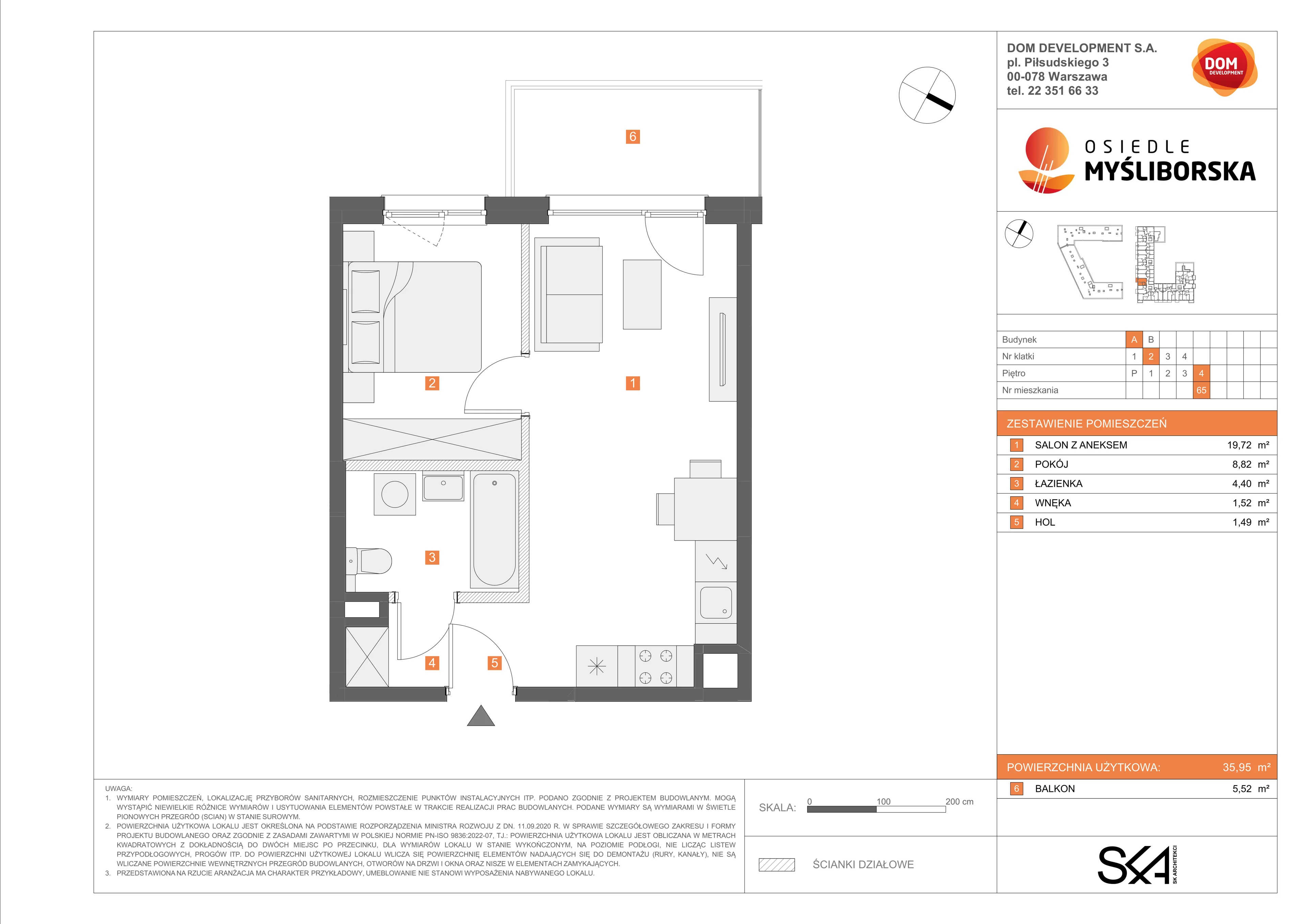 2 pokoje, mieszkanie 35,95 m², piętro 4, oferta nr A/65, Osiedle Myśliborska, Warszawa, Białołęka, Żerań, ul. Myśliborska / Ochorowicza