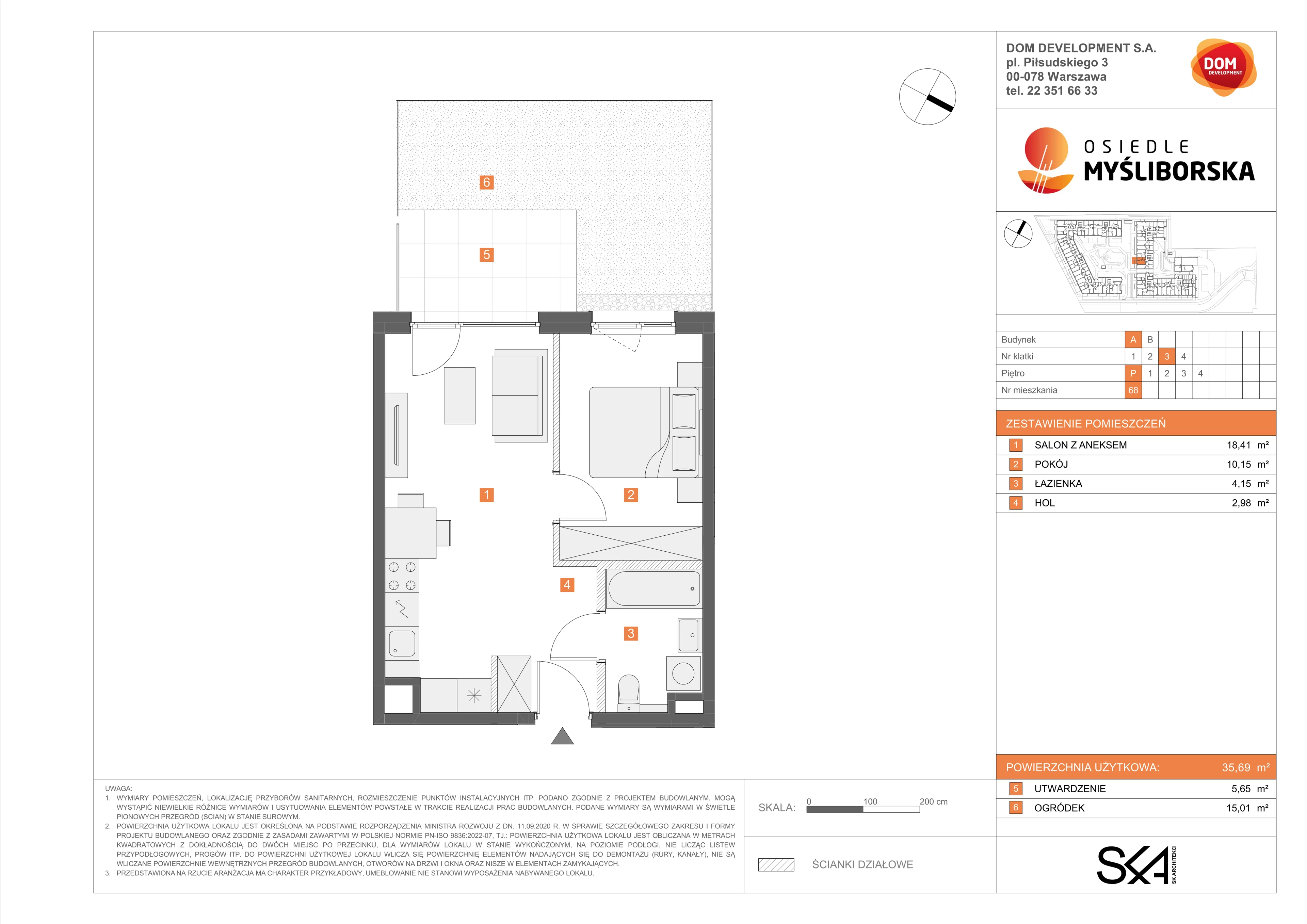 2 pokoje, mieszkanie 35,69 m², parter, oferta nr A/68, Osiedle Myśliborska, Warszawa, Białołęka, Żerań, ul. Myśliborska / Ochorowicza
